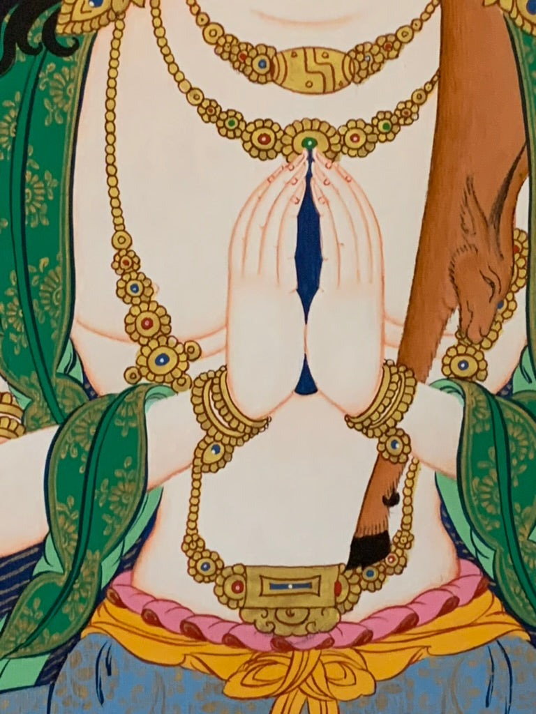 Chenrezig Blue Gold Floral Brocade Thangka