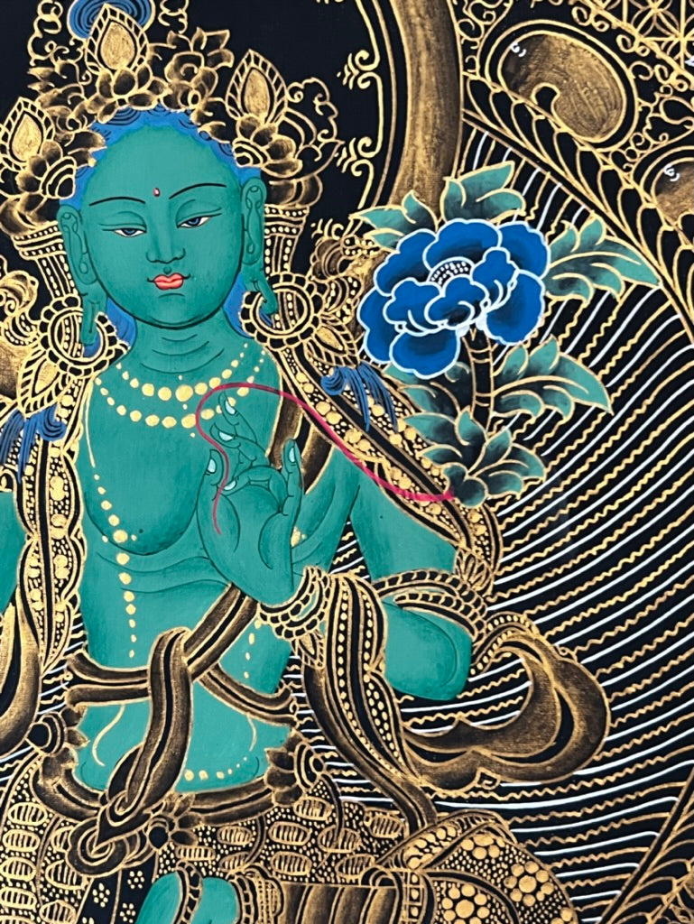 Green Tara Geometric Black Background Thangka