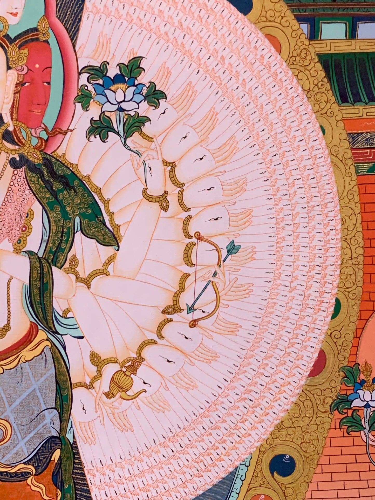 Thousand Armed Avalokiteshvara Five Dhyani Buddha Blue Gold Brocade Thangka