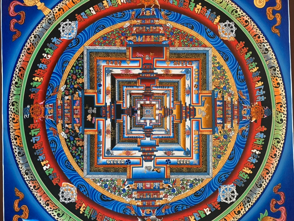 Kalachakra Mandala Eight Auspicious Symbols Blue Unbrocaded Thangka