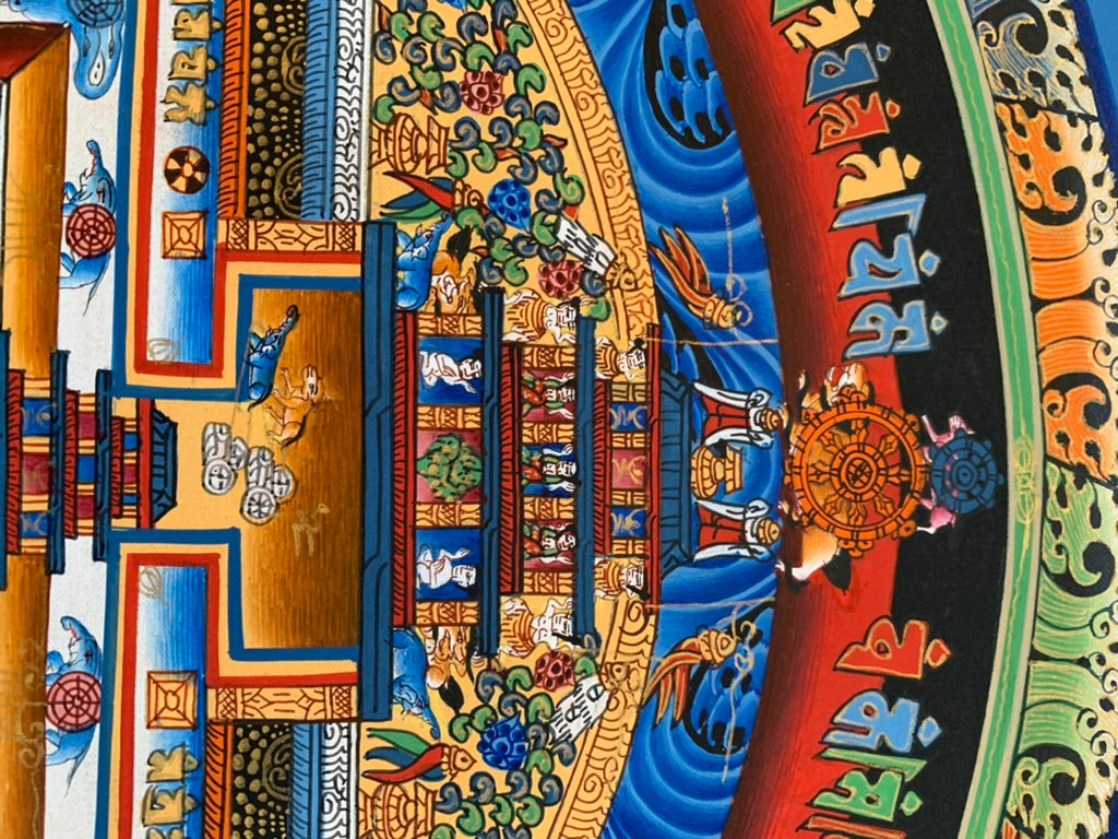 Kalachakra Mandala Eight Auspicious Symbols Blue Unbrocaded Thangka