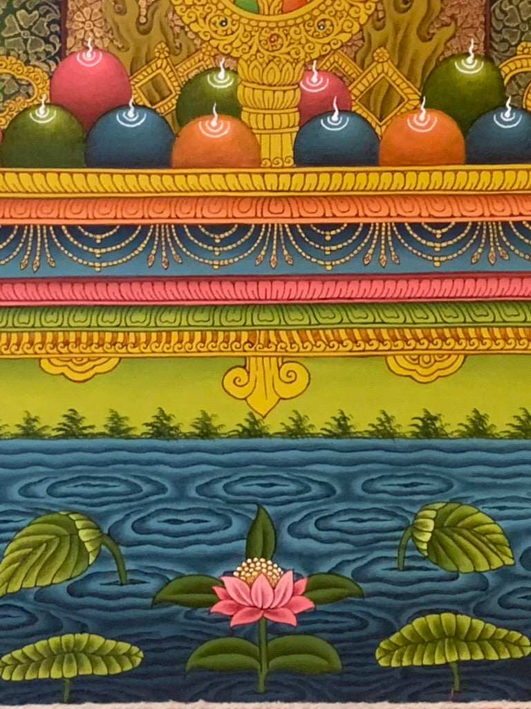 Shakyamuni With Attendants Blue Gold Floral Brocade Thangka