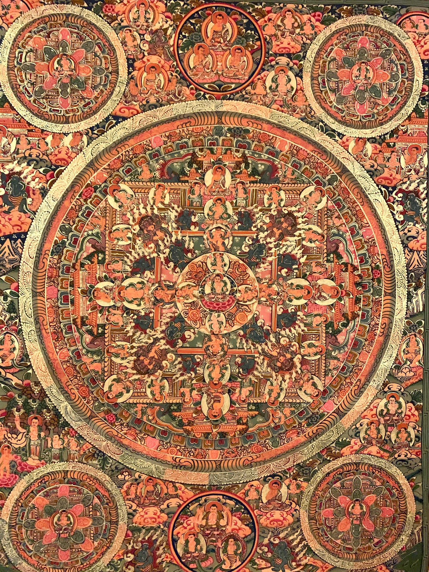 Five Mandala Burgundy Brocade Thangka