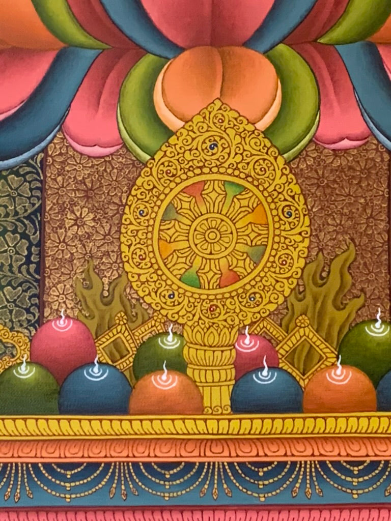 Shakyamuni With Attendants Blue Gold Floral Brocade Thangka