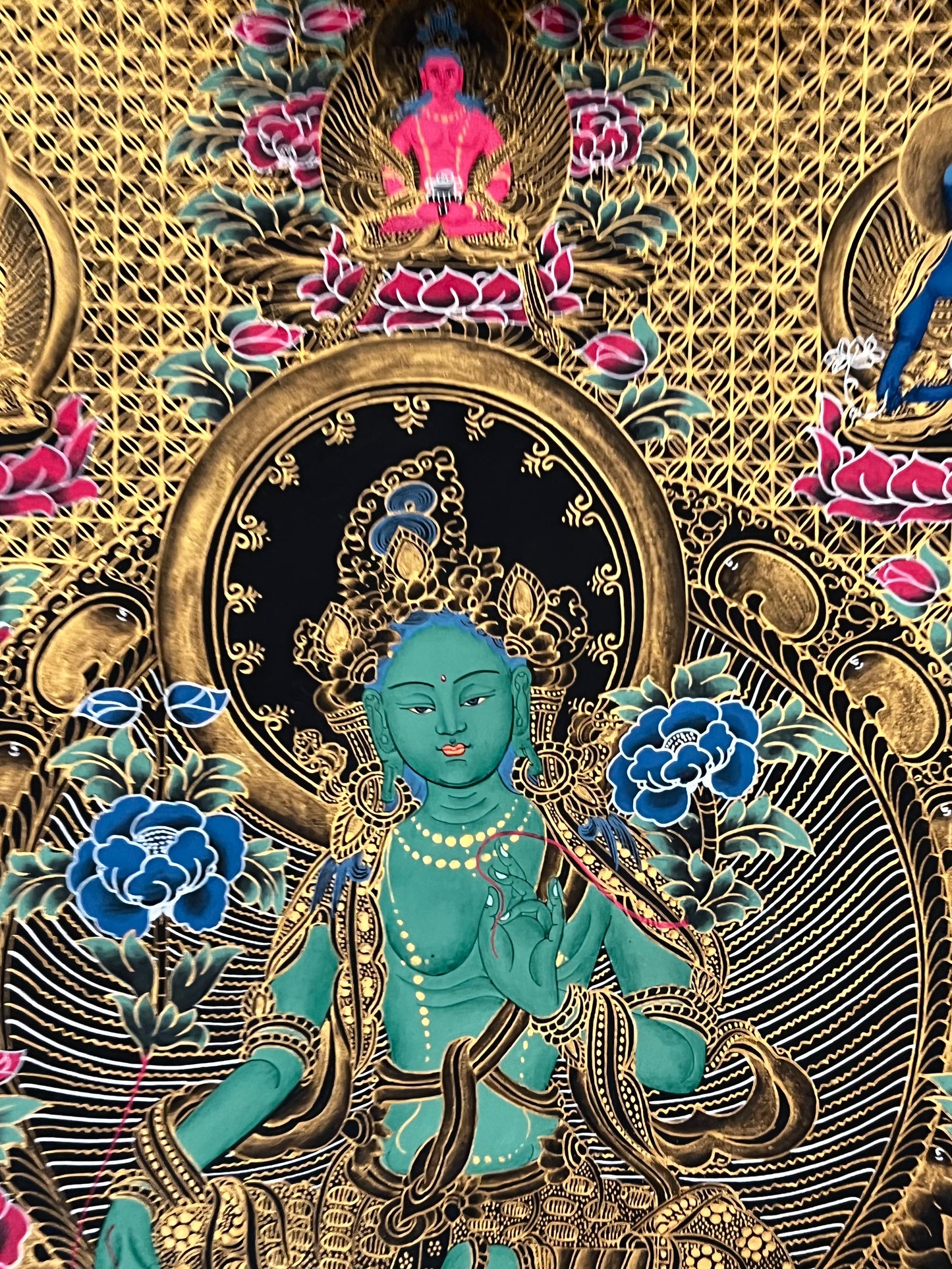 Green Tara Geometric Black Background Thangka