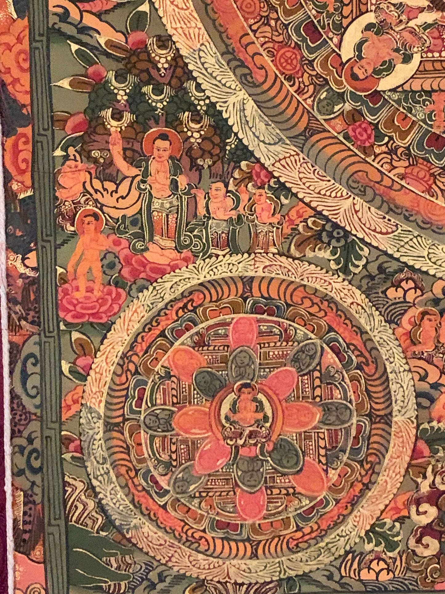 Five Mandala Burgundy Brocade Thangka