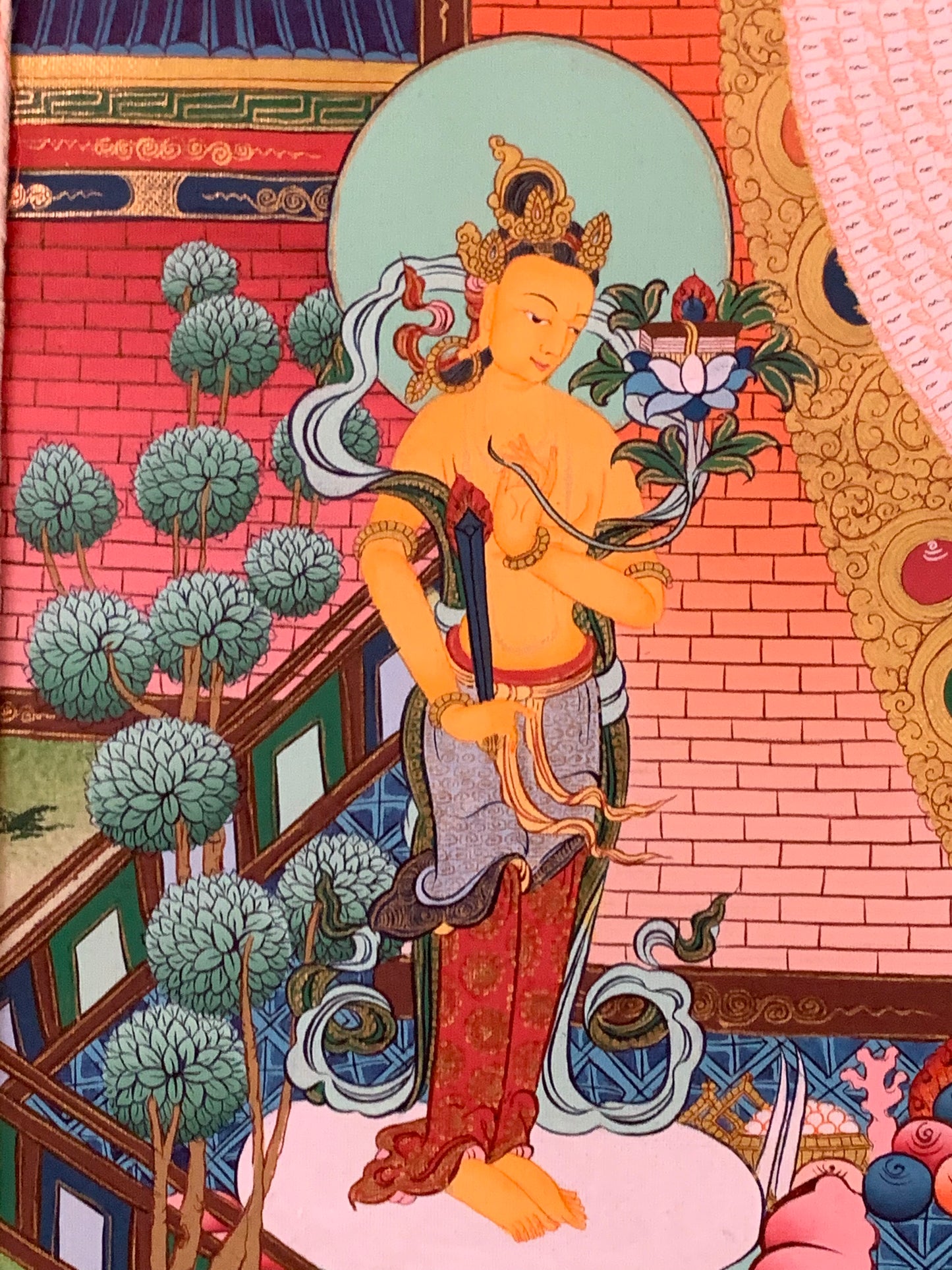 Thousand Armed Avalokiteshvara Five Dhyani Buddha Blue Gold Brocade Thangka