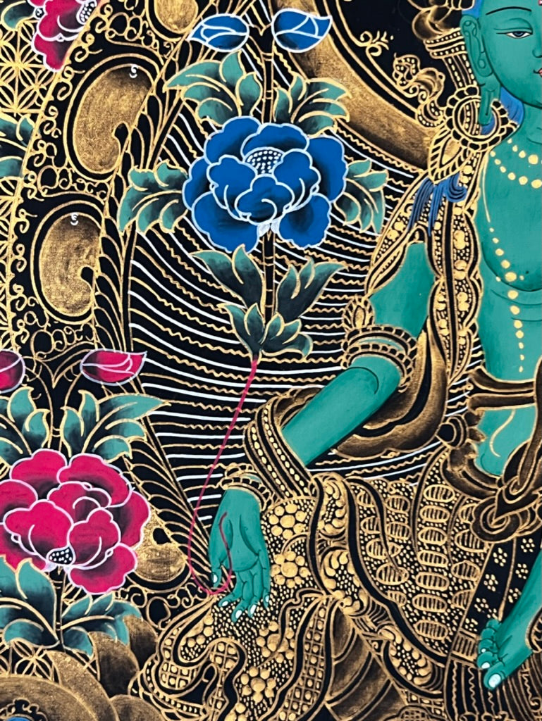Green Tara Geometric Black Background Thangka
