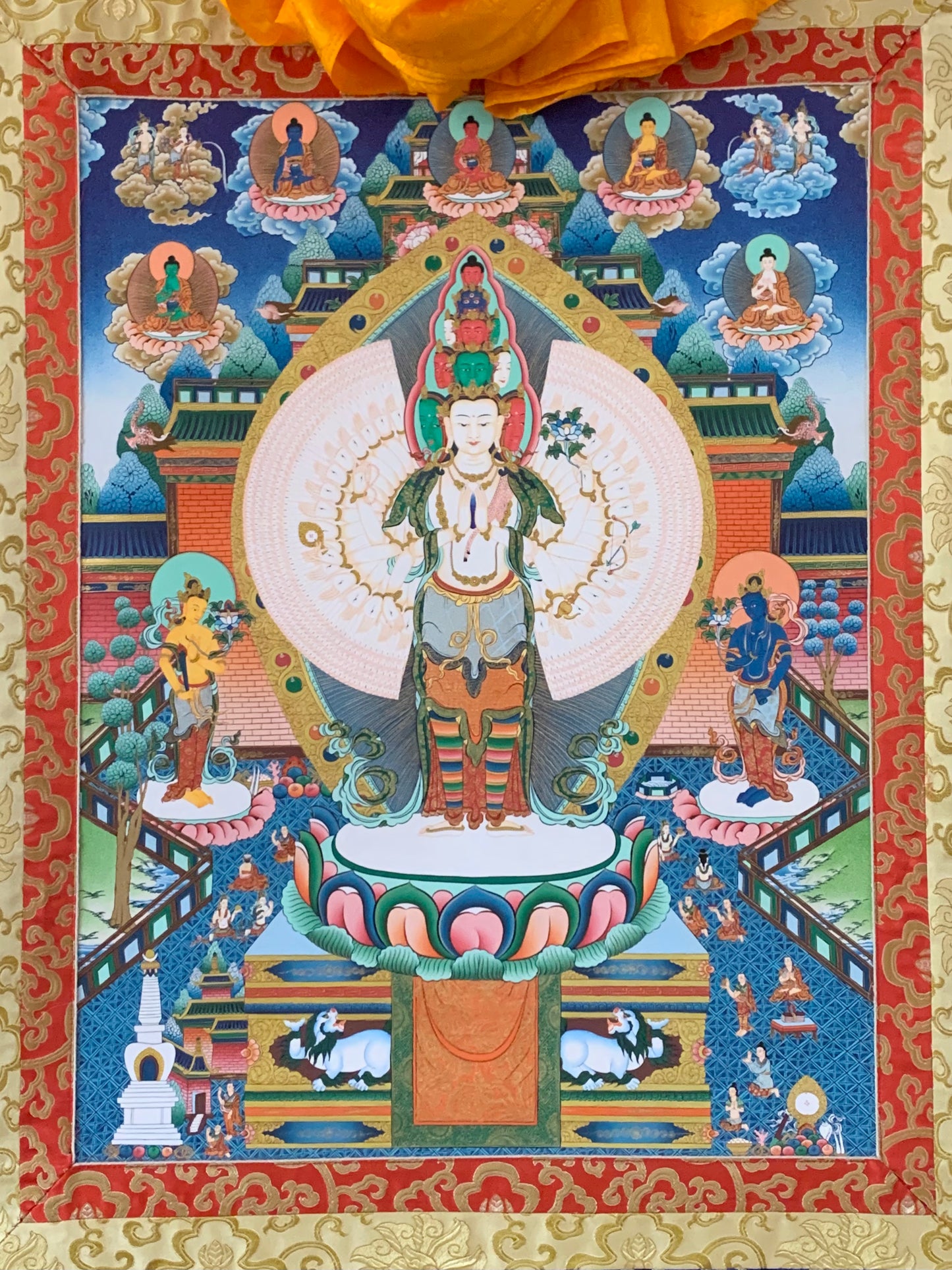 Thousand Armed Avalokiteshvara Five Dhyani Buddha Blue Gold Brocade Thangka