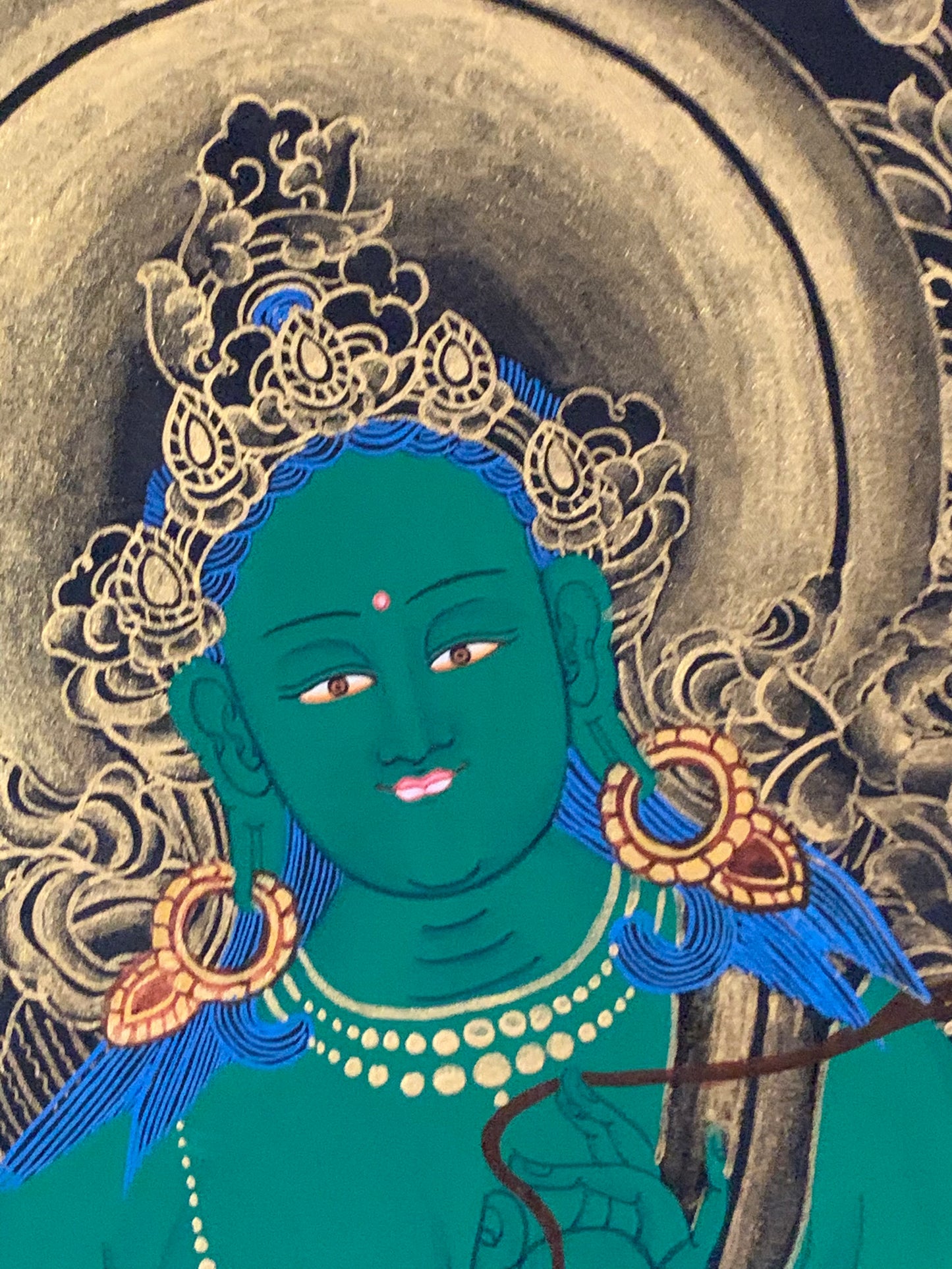 Green Tara Black and Gold Brocade Thangka