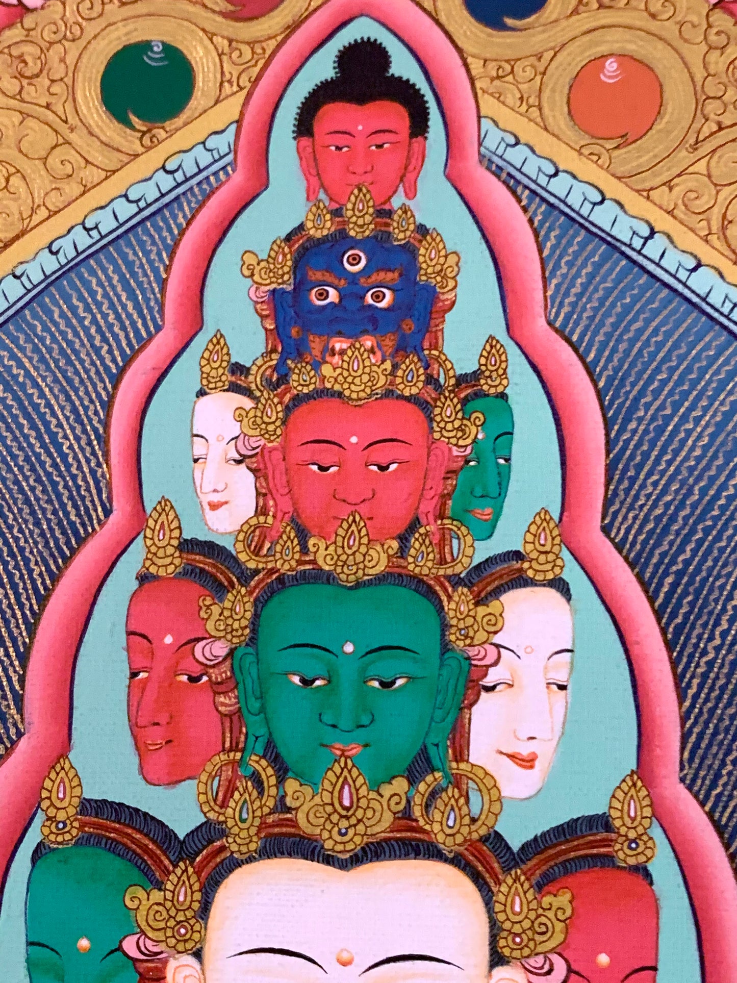 Thousand Armed Avalokiteshvara Five Dhyani Buddha Blue Gold Brocade Thangka