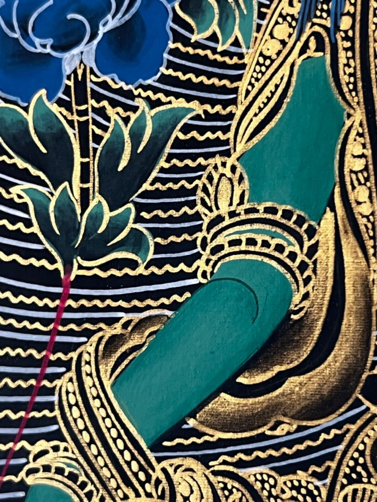 Green Tara Geometric Black Background Thangka