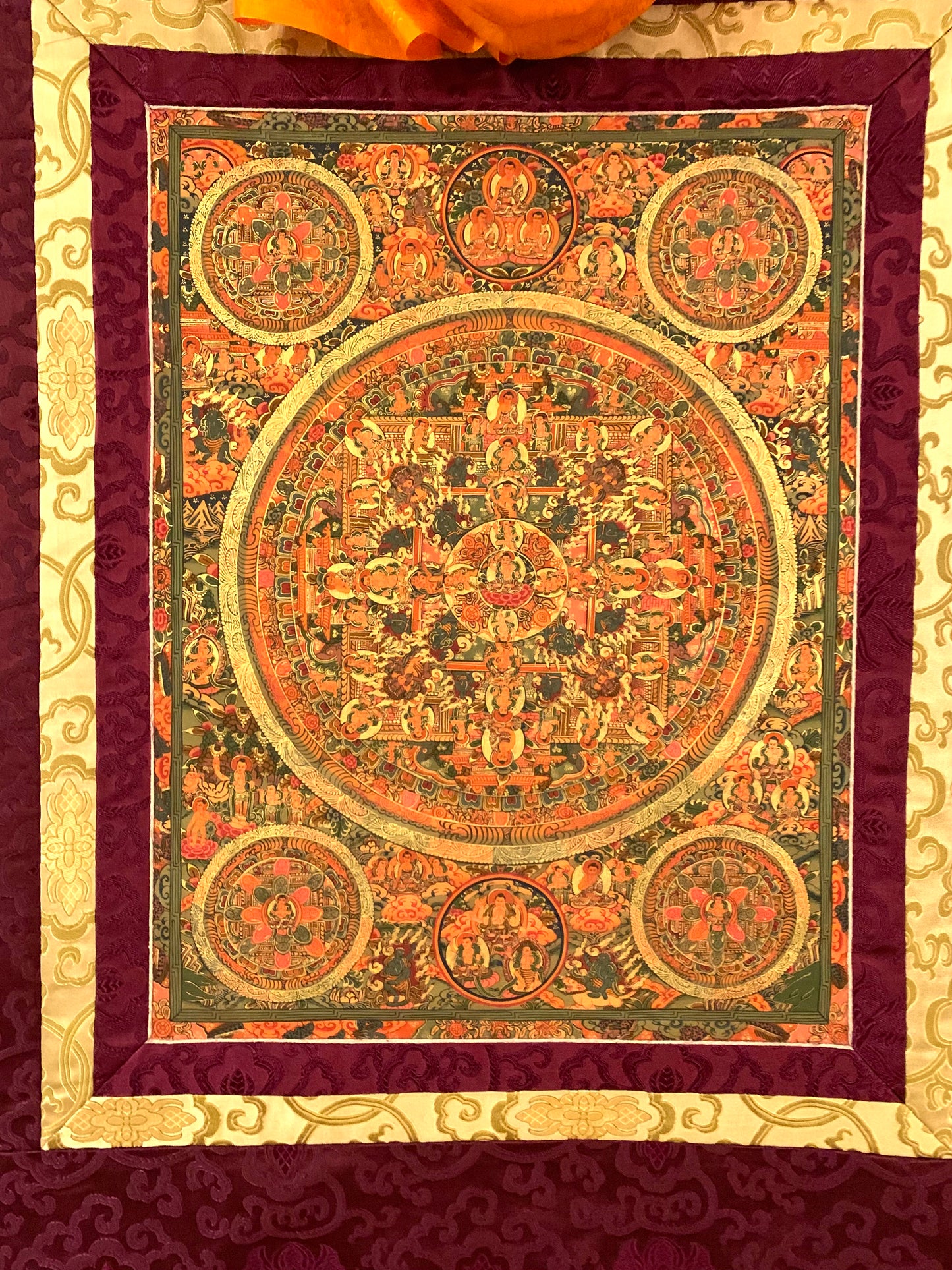 Five Mandala Burgundy Brocade Thangka