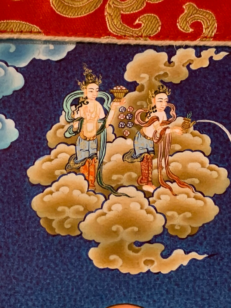 Thousand Armed Avalokiteshvara Five Dhyani Buddha Blue Gold Brocade Thangka