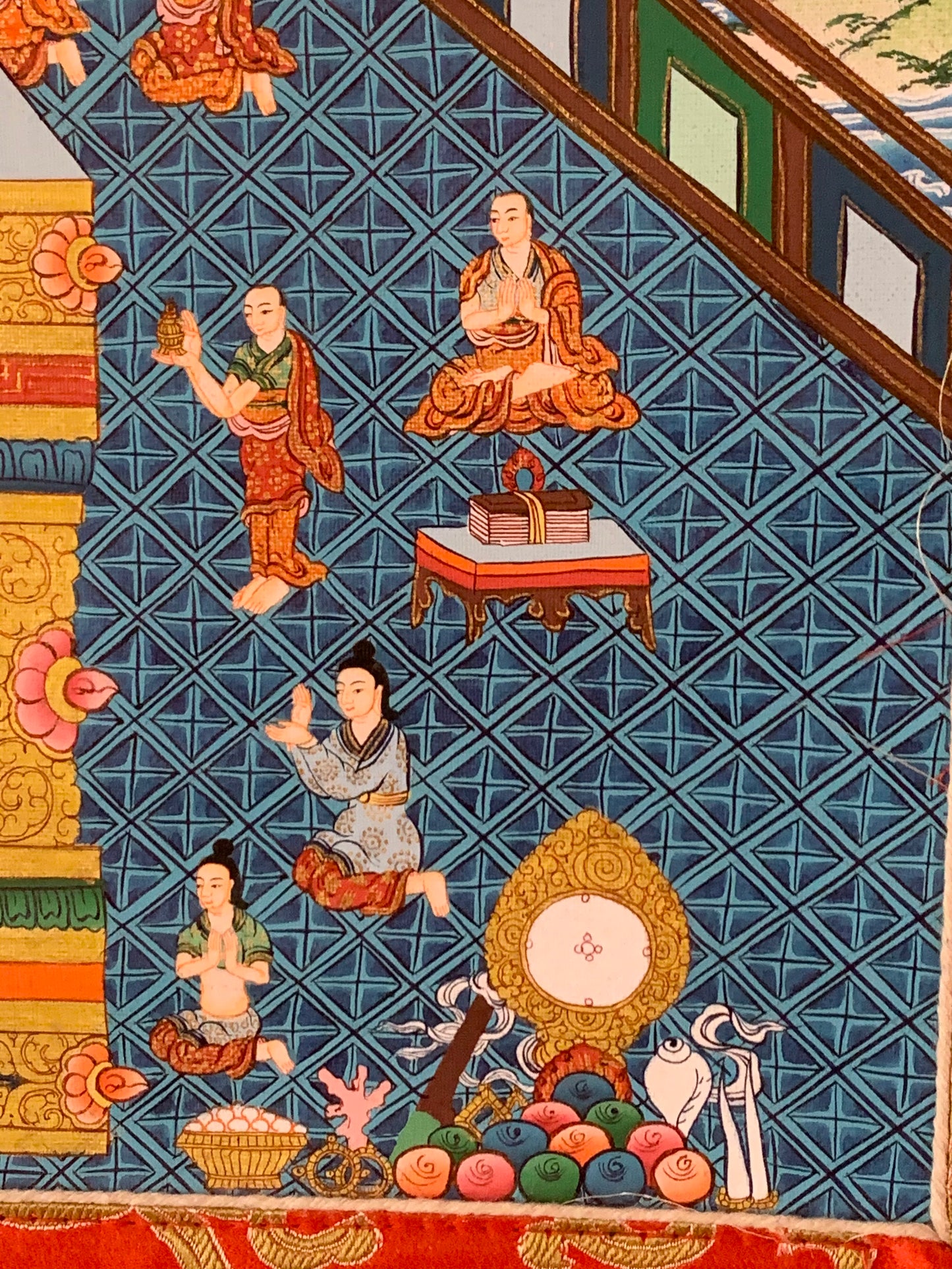 Thousand Armed Avalokiteshvara Five Dhyani Buddha Blue Gold Brocade Thangka