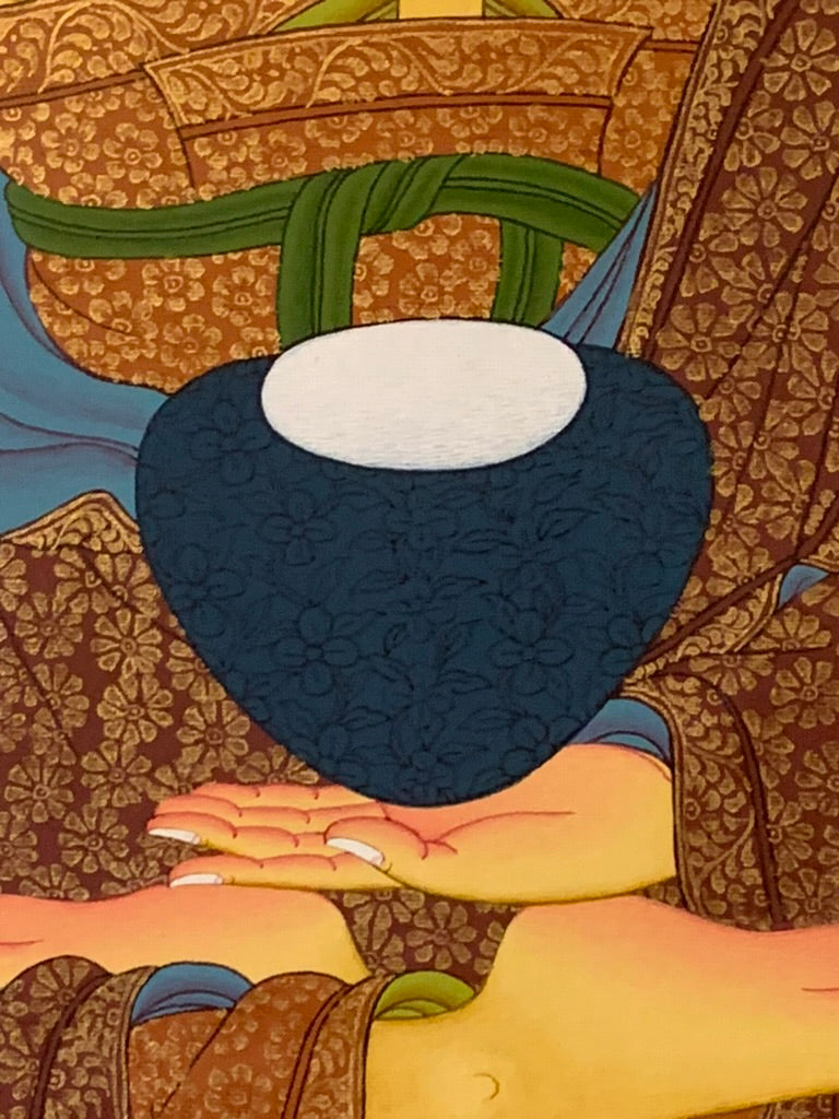 Shakyamuni With Attendants Blue Gold Floral Brocade Thangka
