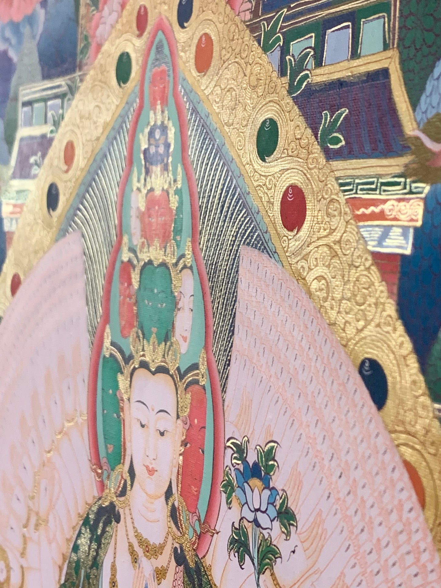 Thousand Armed Avalokiteshvara Five Dhyani Buddha Blue Gold Brocade Thangka