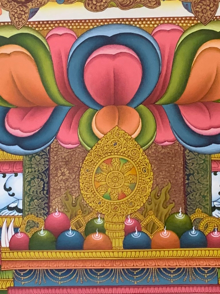 Shakyamuni With Attendants Blue Gold Floral Brocade Thangka