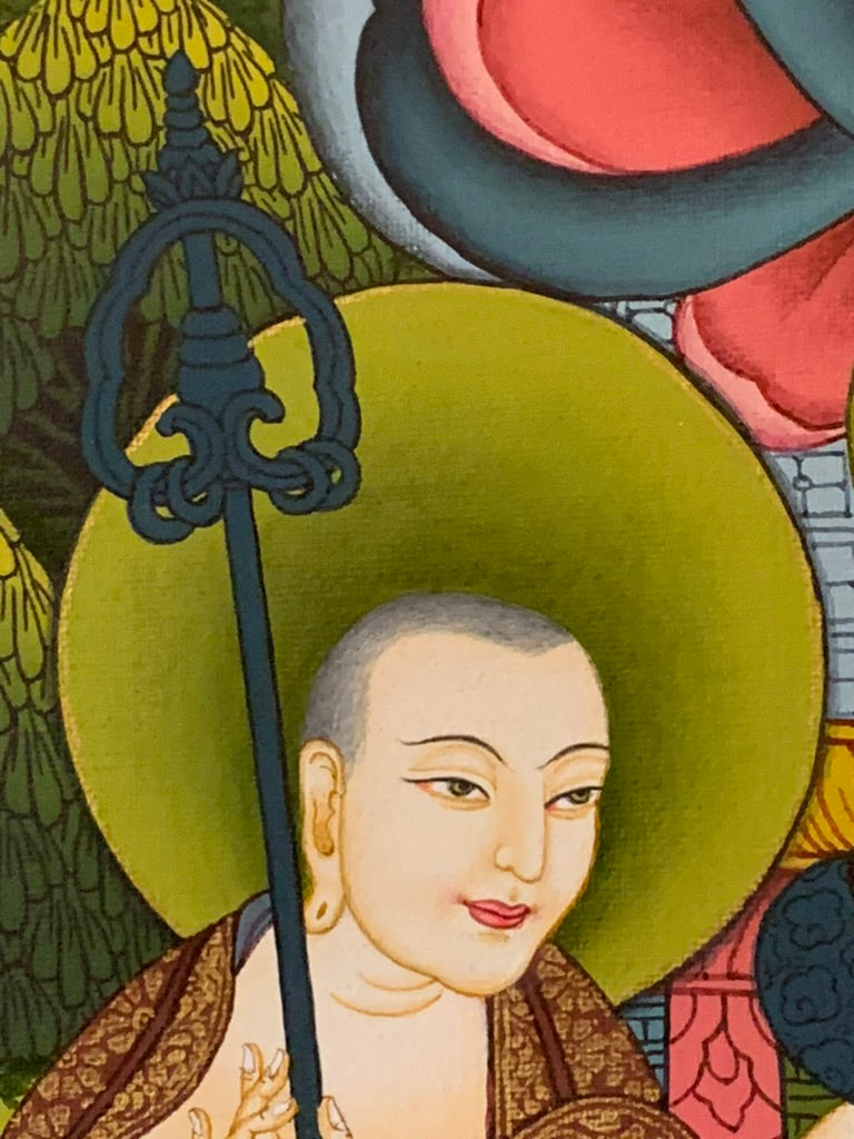 Shakyamuni With Attendants Blue Gold Floral Brocade Thangka