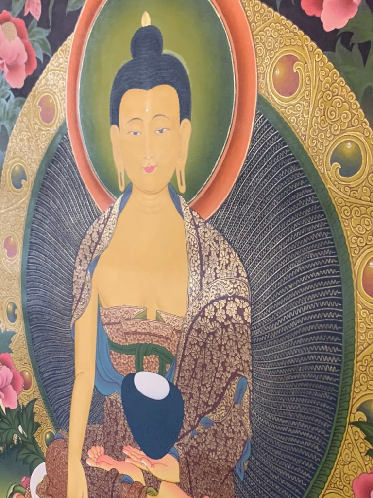Shakyamuni With Attendants Blue Gold Floral Brocade Thangka