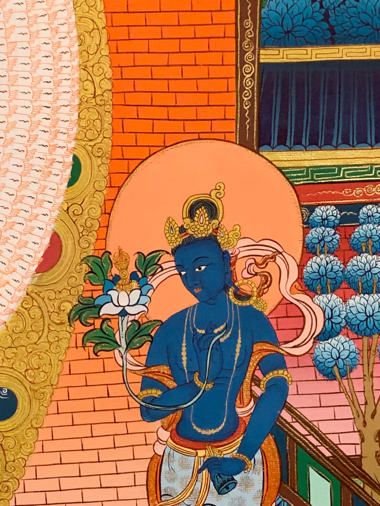 Thousand Armed Avalokiteshvara Five Dhyani Buddha Blue Gold Brocade Thangka