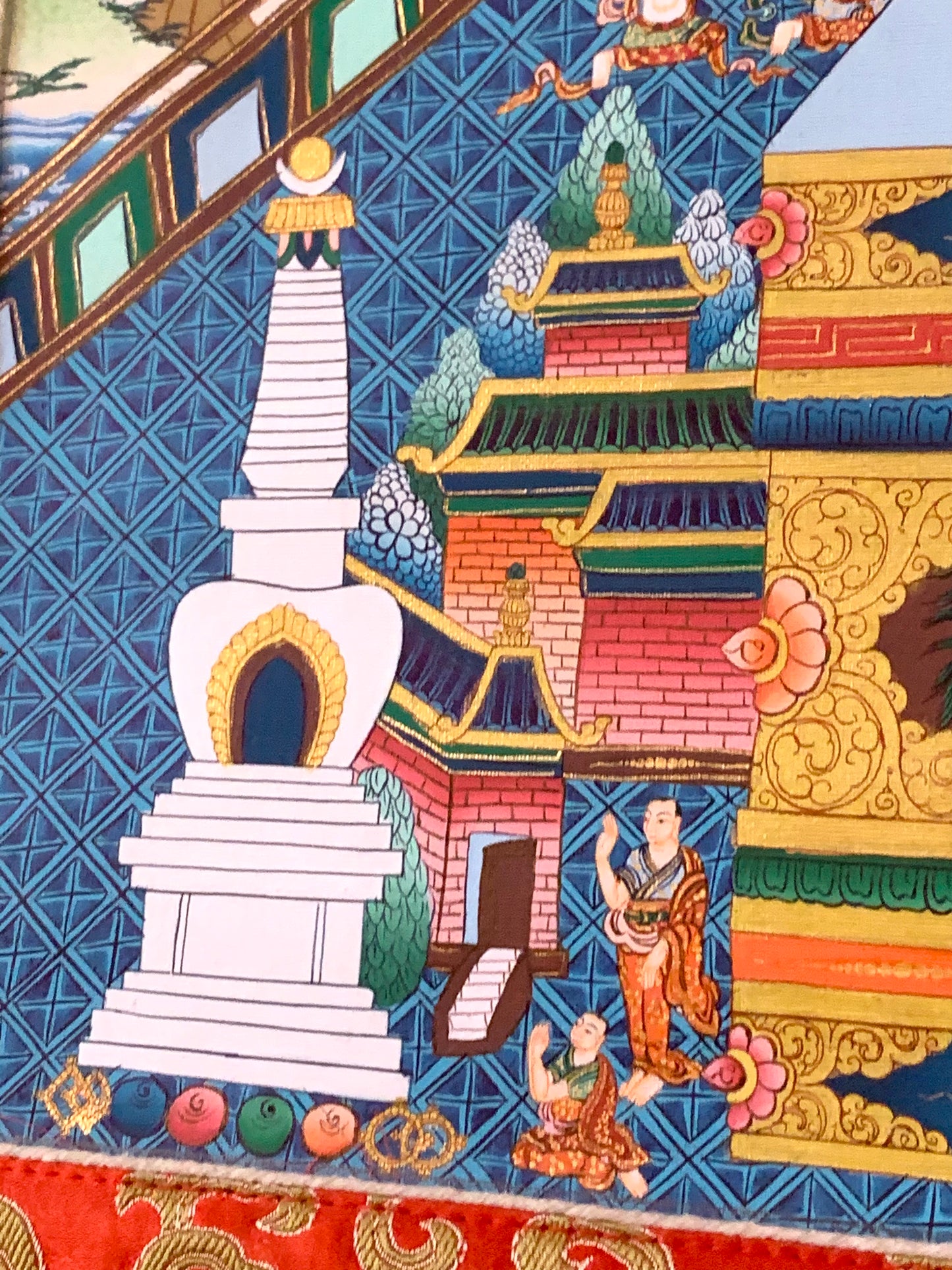 Thousand Armed Avalokiteshvara Five Dhyani Buddha Blue Gold Brocade Thangka