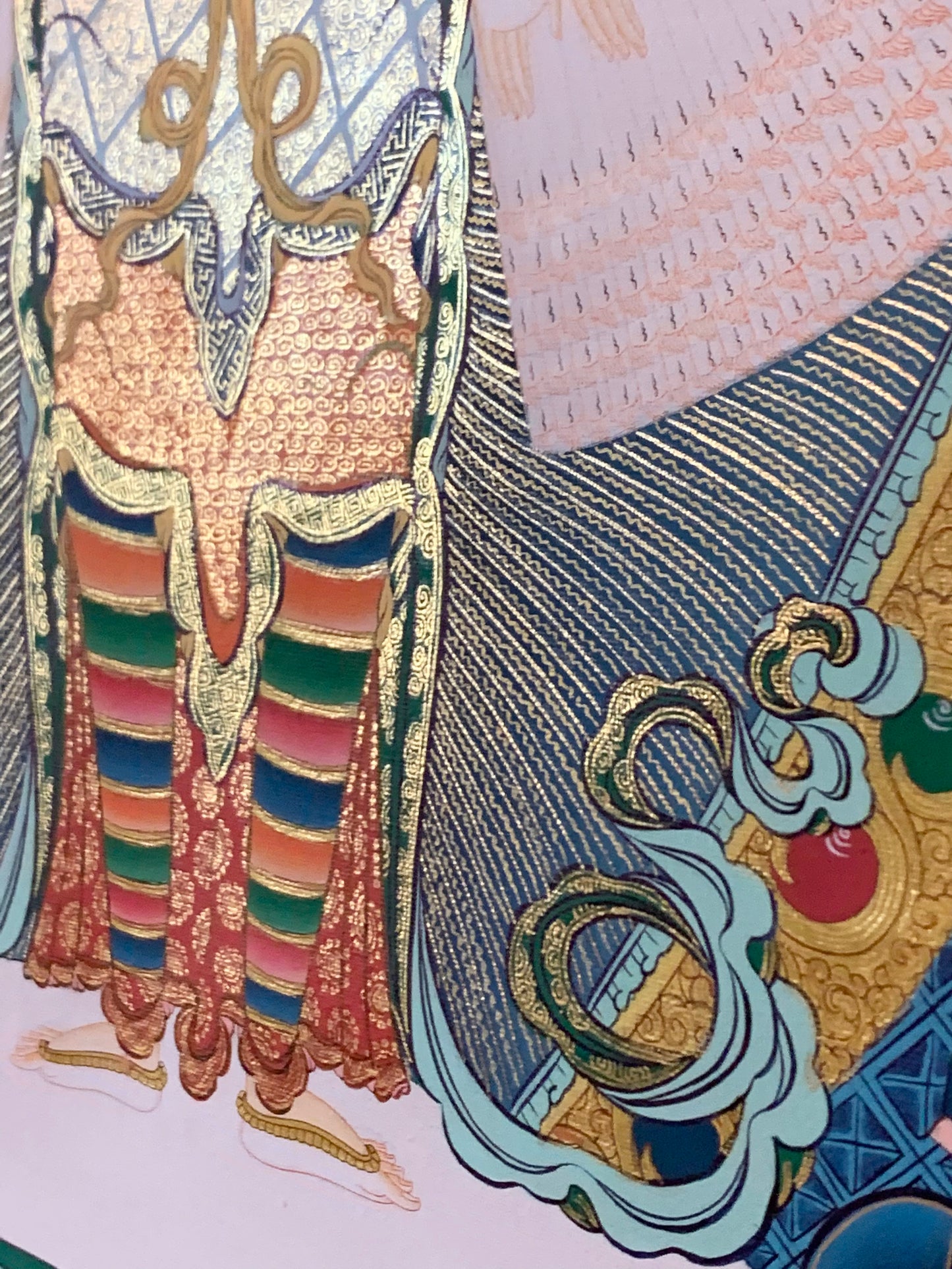 Thousand Armed Avalokiteshvara Five Dhyani Buddha Blue Gold Brocade Thangka