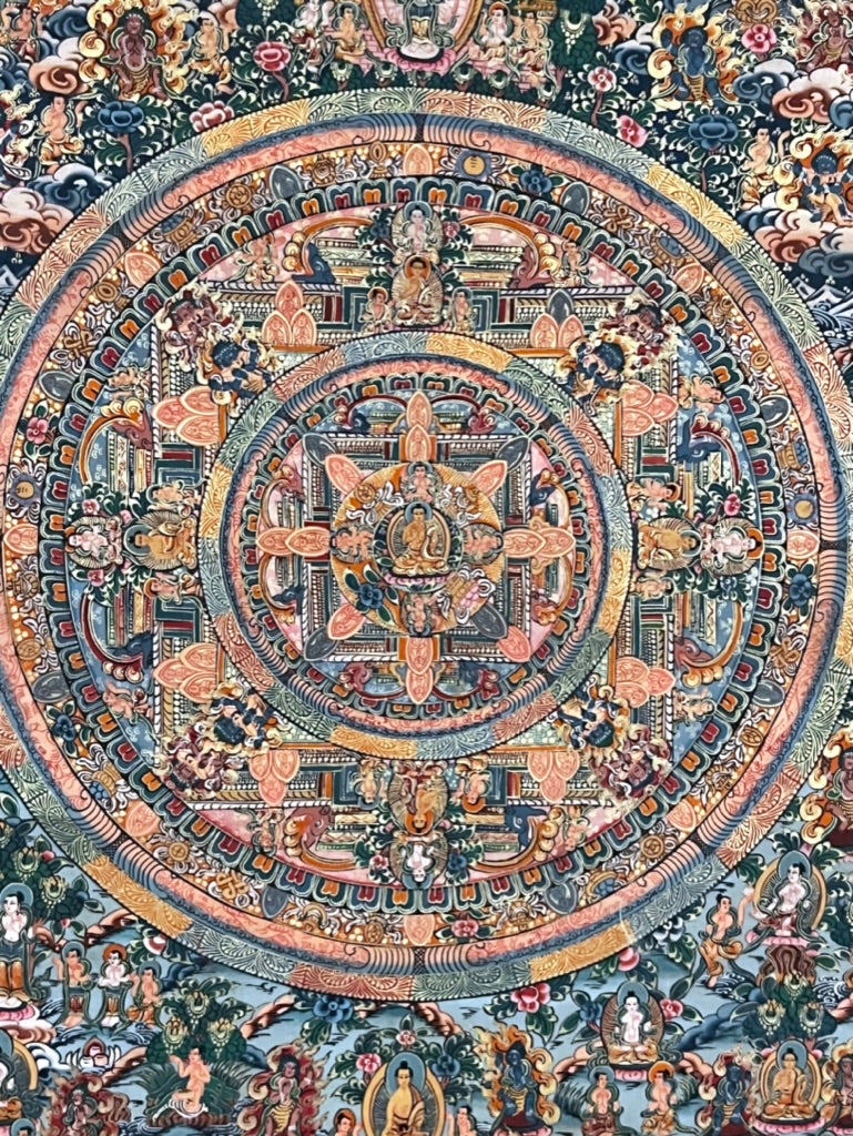 Five Mandala Dark Blue Brocade Thangka