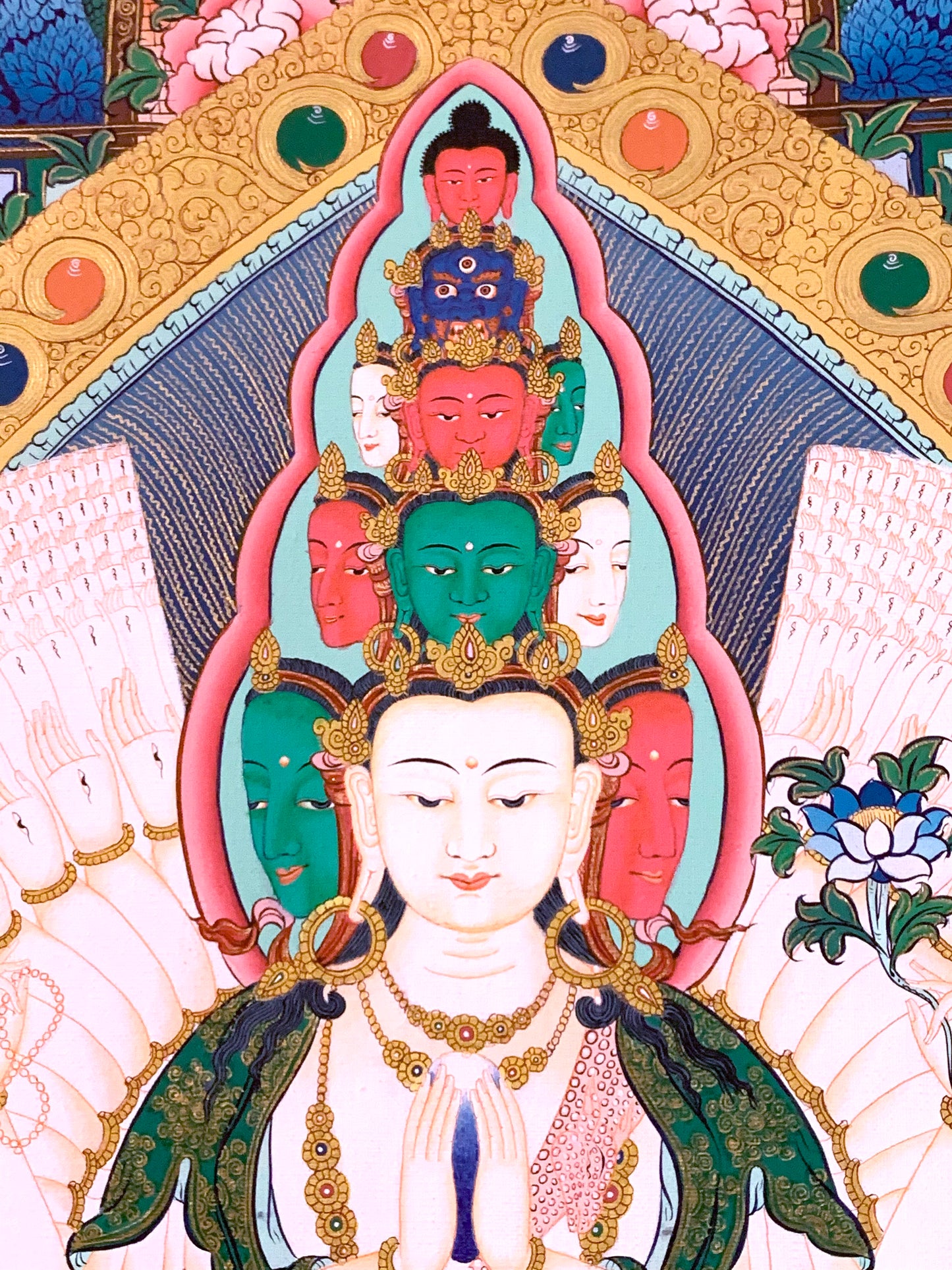 Thousand Armed Avalokiteshvara Five Dhyani Buddha Blue Gold Brocade Thangka