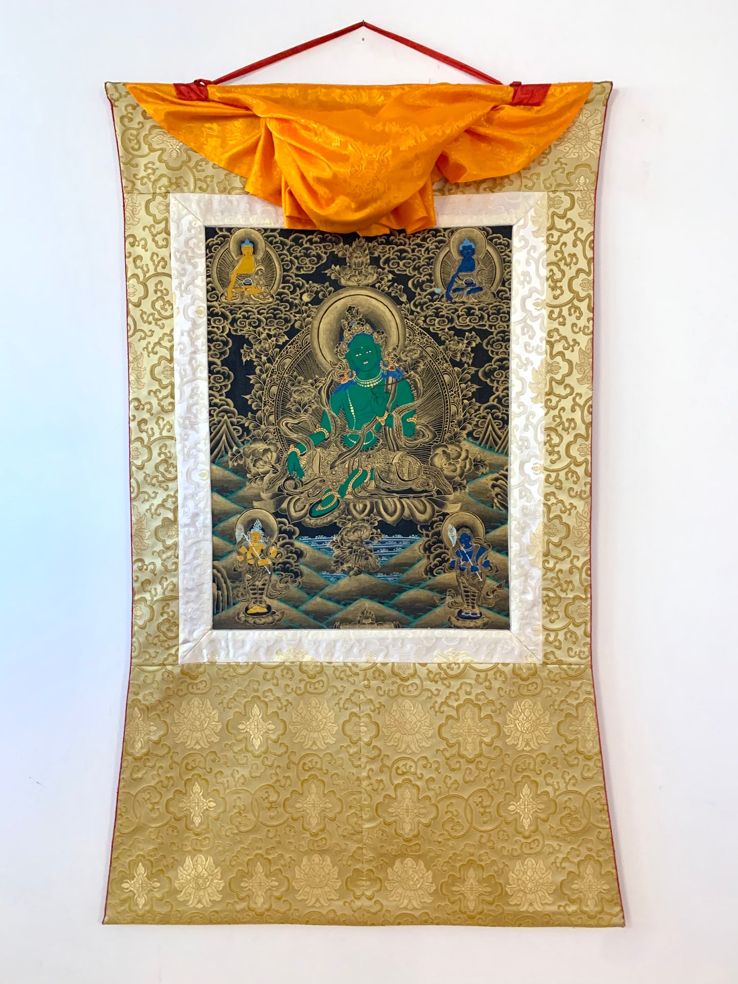 Green Tara Black and Gold Brocade Thangka