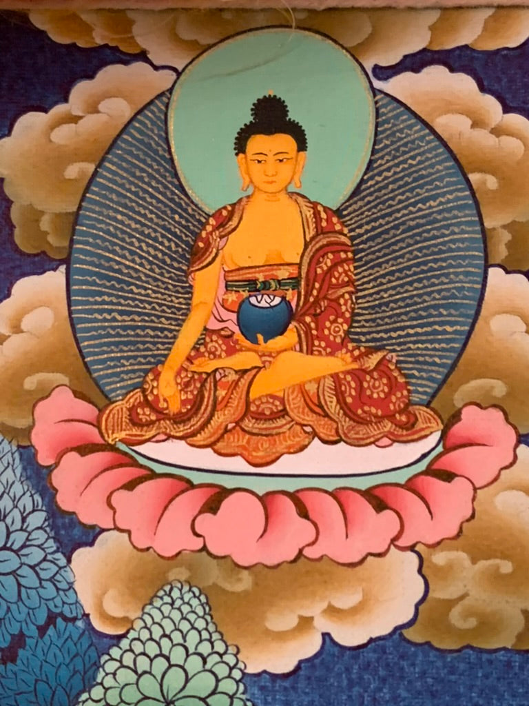 Thousand Armed Avalokiteshvara Five Dhyani Buddha Blue Gold Brocade Thangka