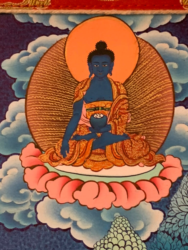 Thousand Armed Avalokiteshvara Five Dhyani Buddha Blue Gold Brocade Thangka