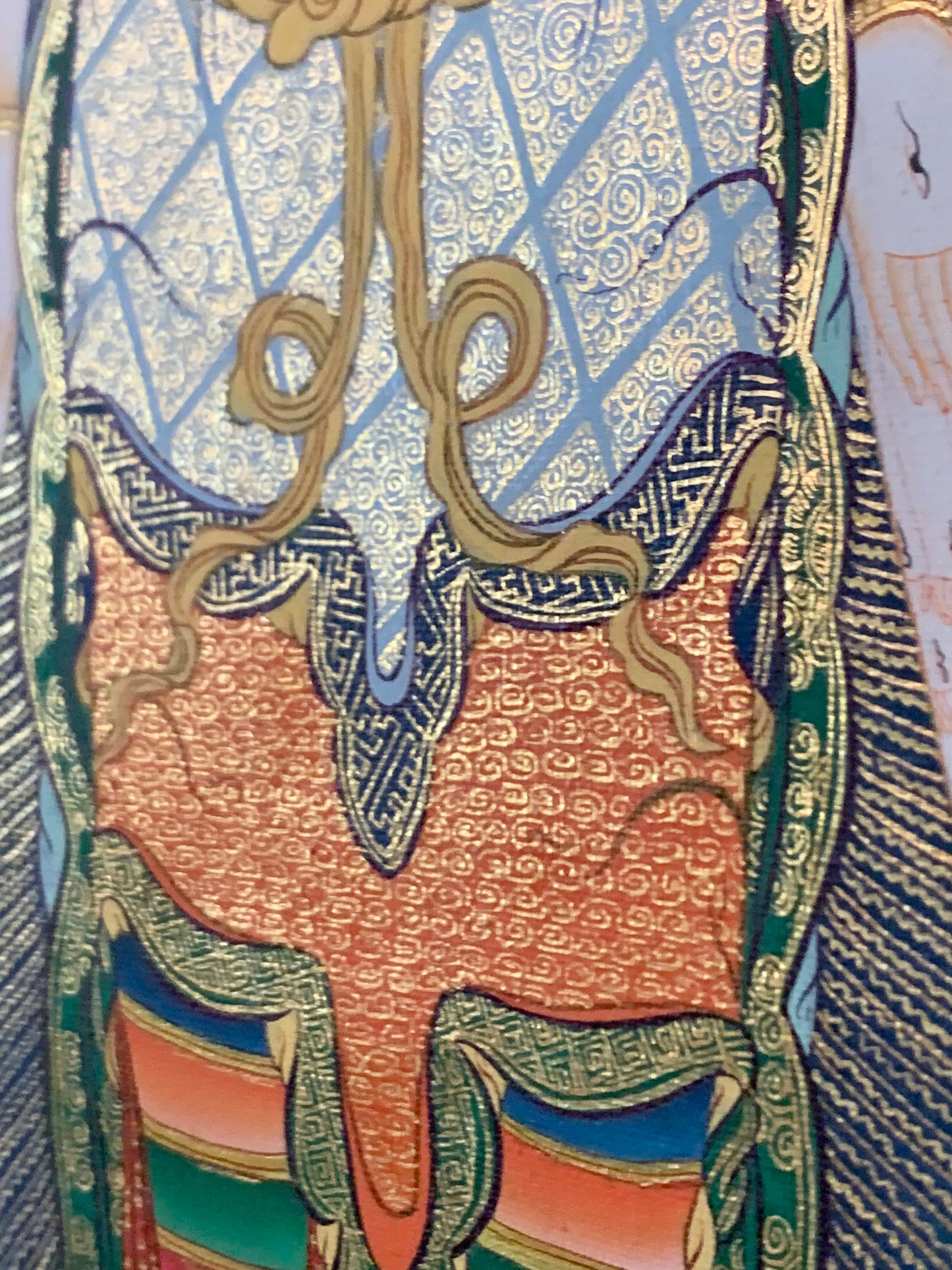 Thousand Armed Avalokiteshvara Five Dhyani Buddha Blue Gold Brocade Thangka