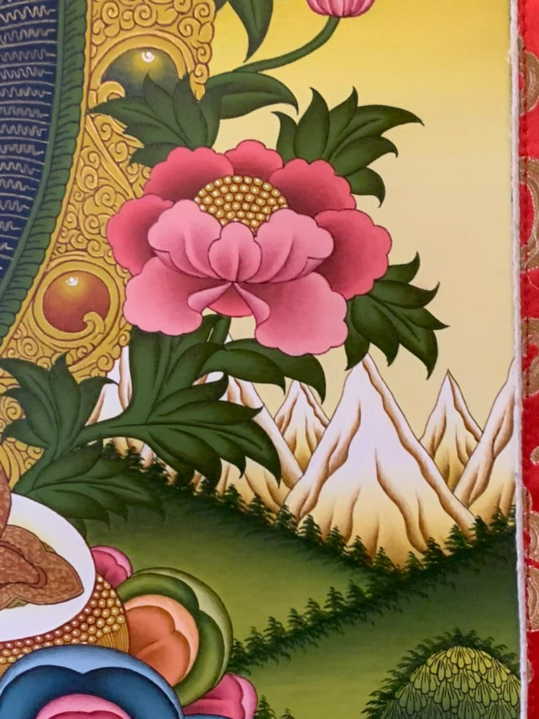 Shakyamuni With Attendants Blue Gold Floral Brocade Thangka