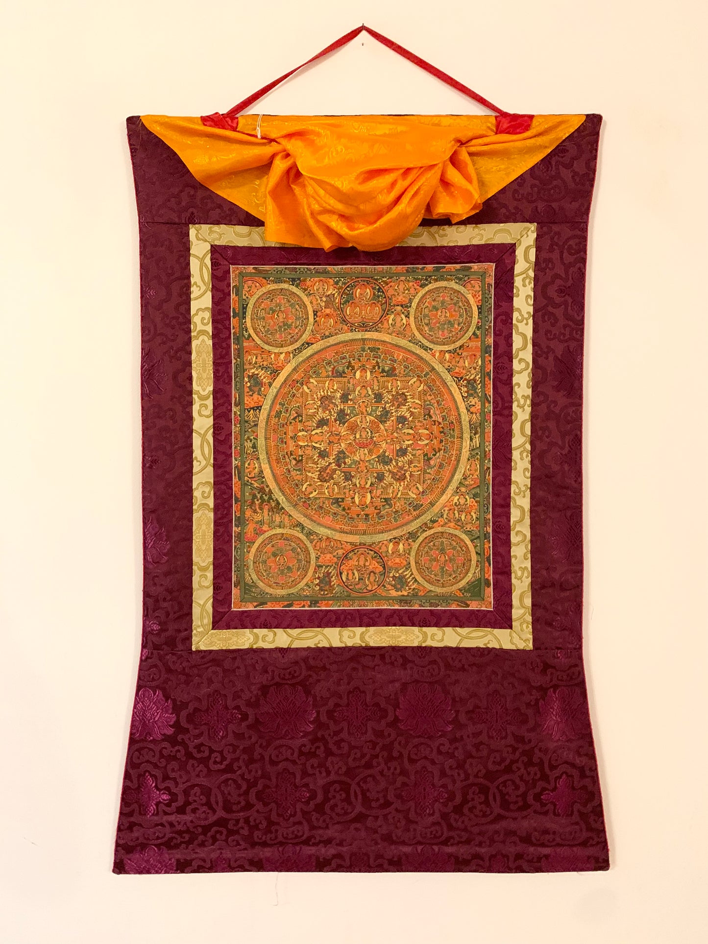 Five Mandala Burgundy Brocade Thangka