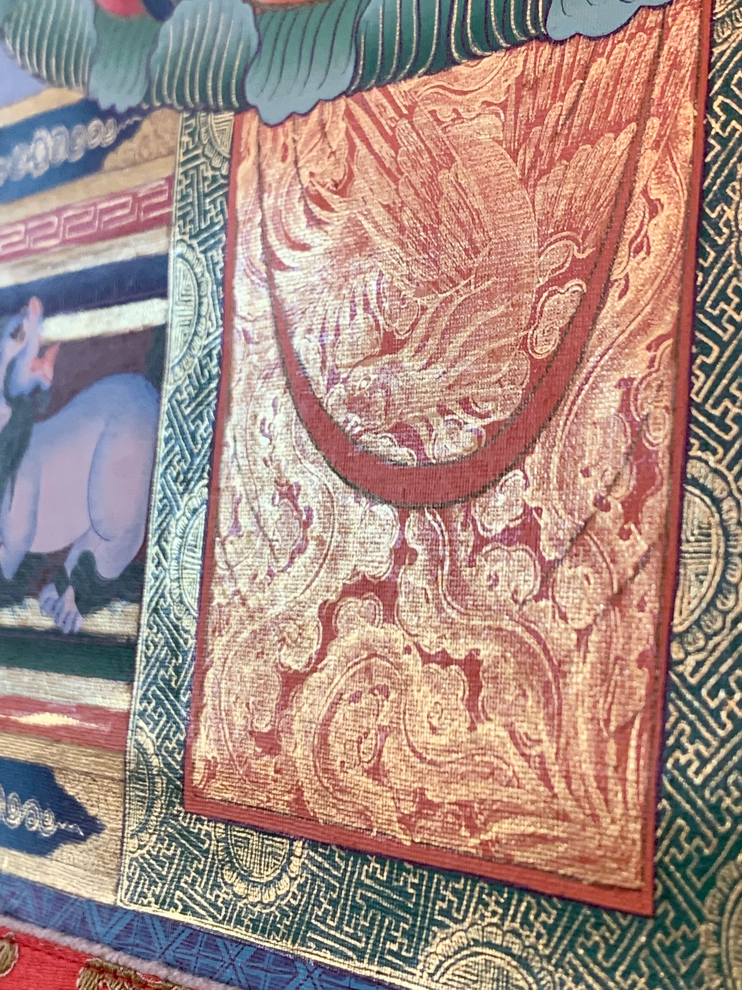 Thousand Armed Avalokiteshvara Five Dhyani Buddha Blue Gold Brocade Thangka