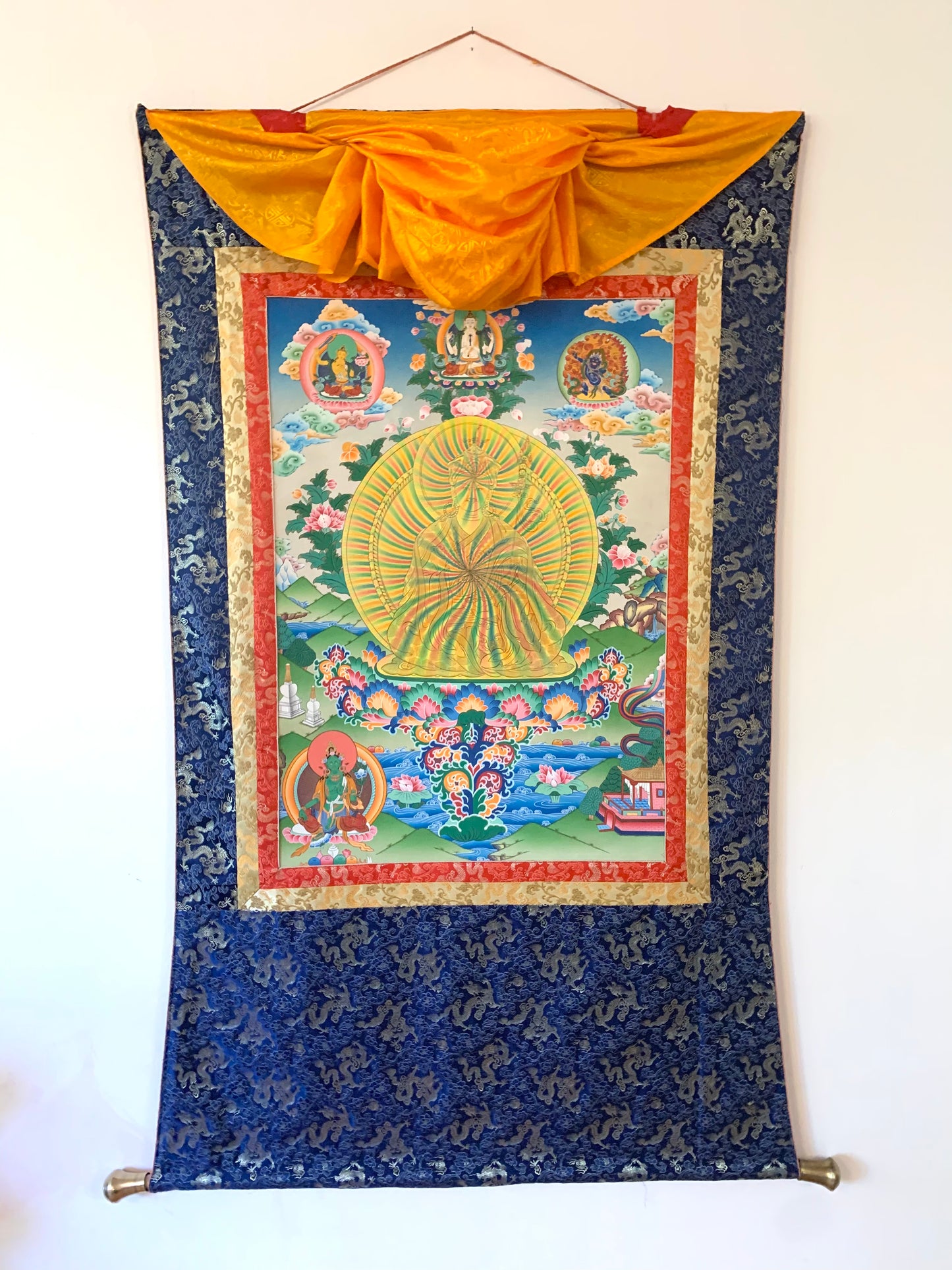 Rainbow Body Guru Rinpoche Dragon Brocade Thangka