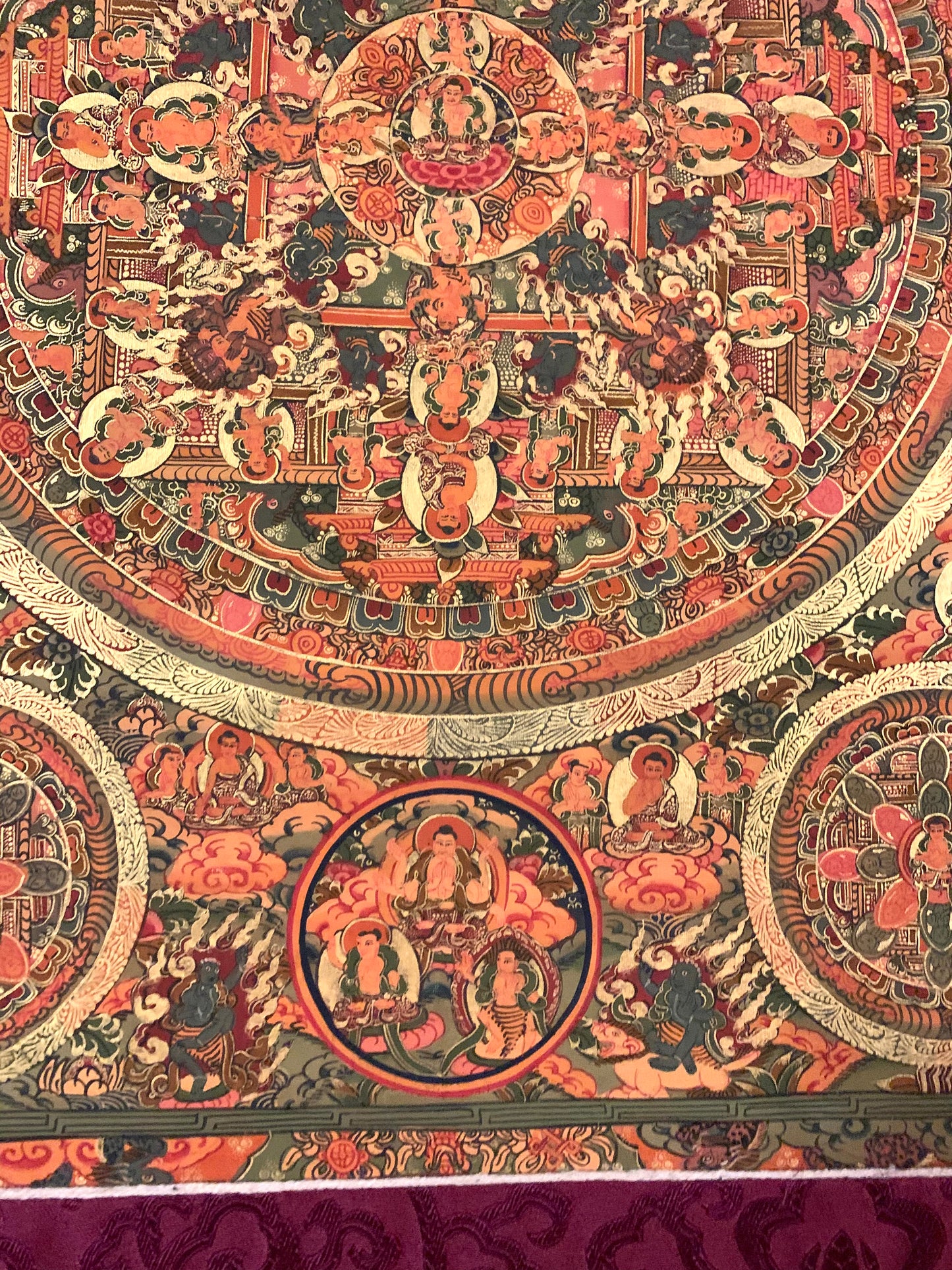 Five Mandala Burgundy Brocade Thangka