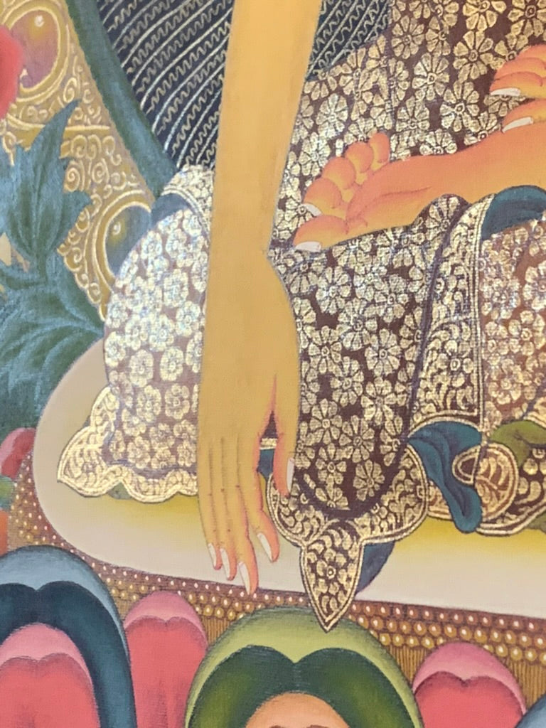 Shakyamuni With Attendants Blue Gold Floral Brocade Thangka