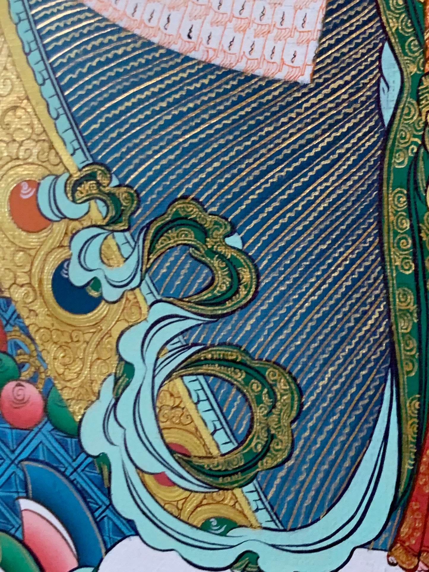 Thousand Armed Avalokiteshvara Five Dhyani Buddha Blue Gold Brocade Thangka
