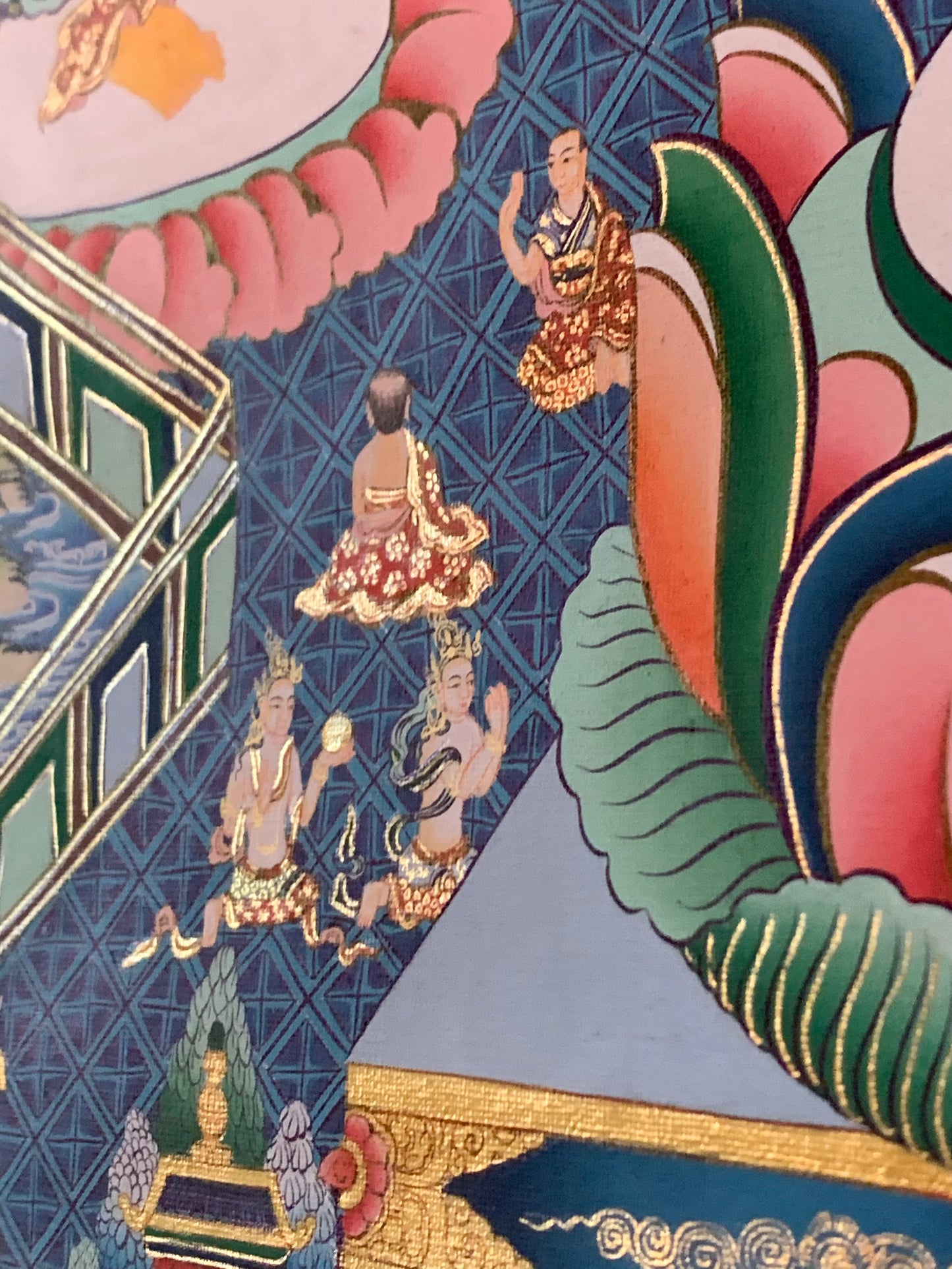 Thousand Armed Avalokiteshvara Five Dhyani Buddha Blue Gold Brocade Thangka