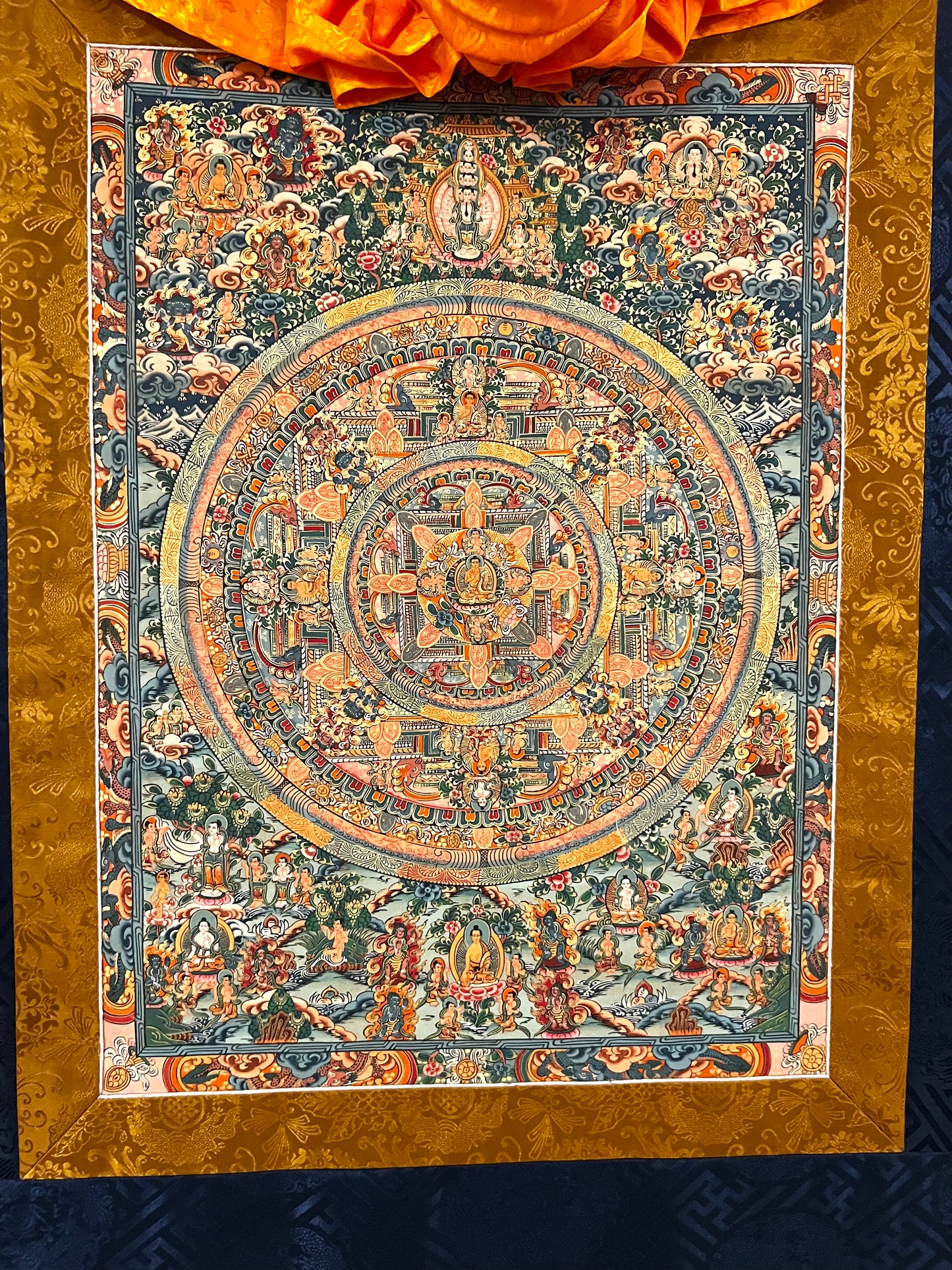 Five Mandala Dark Blue Brocade Thangka
