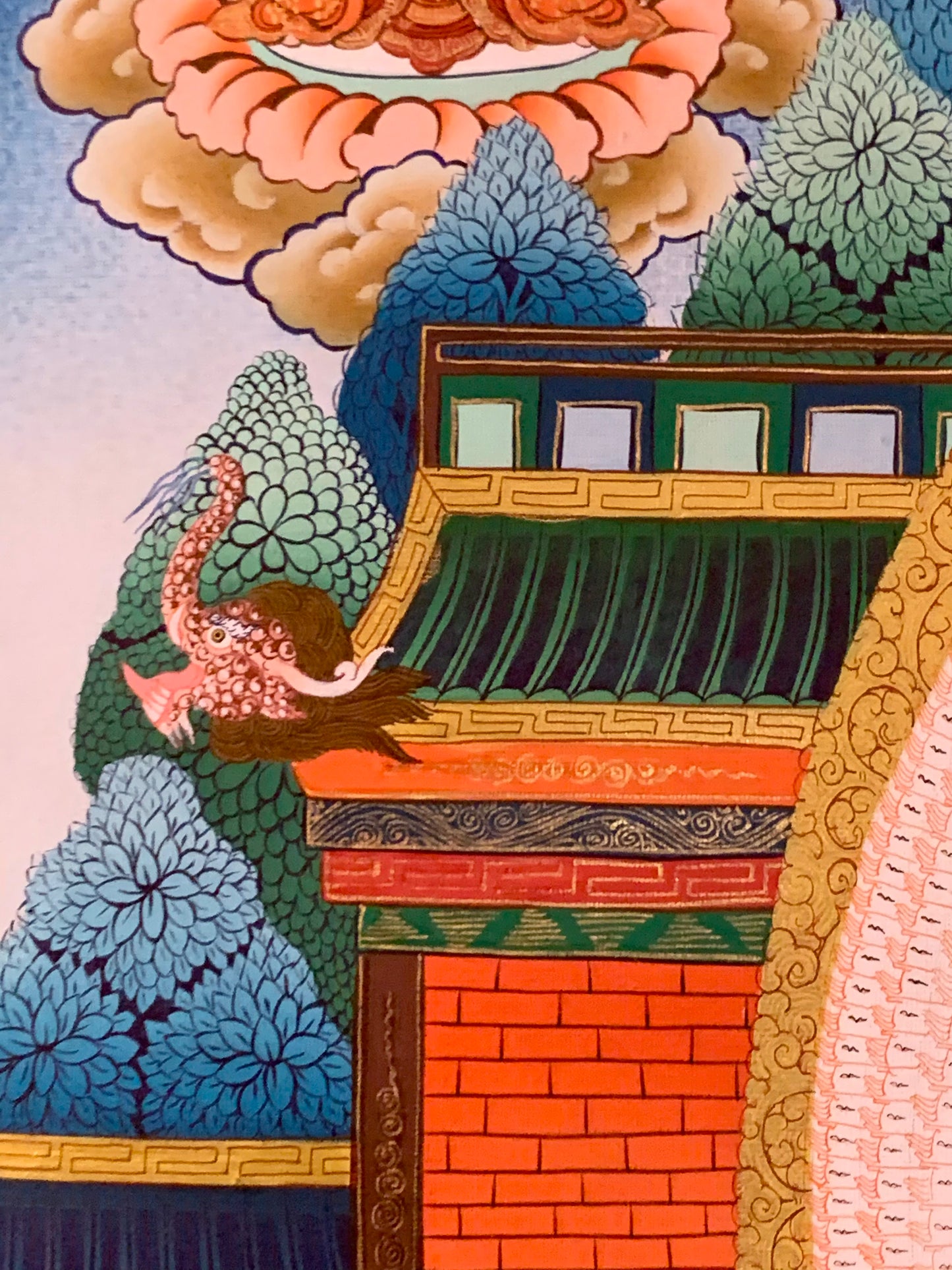 Thousand Armed Avalokiteshvara Five Dhyani Buddha Blue Gold Brocade Thangka