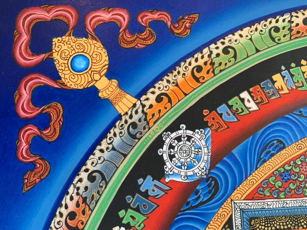 Kalachakra Mandala Eight Auspicious Symbols Blue Unbrocaded Thangka