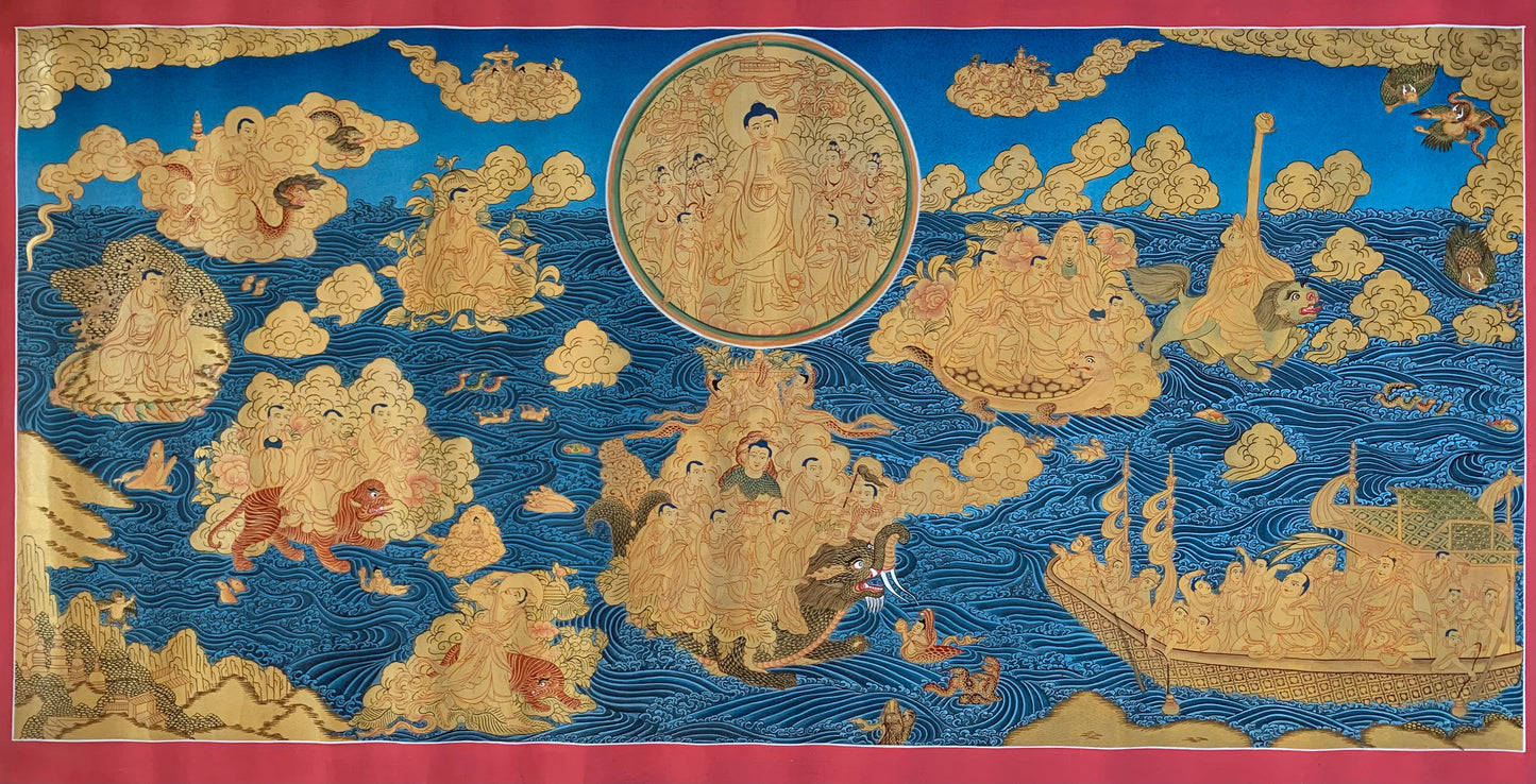 Paani Buddha Water Crossing Unbrocaded Thangka