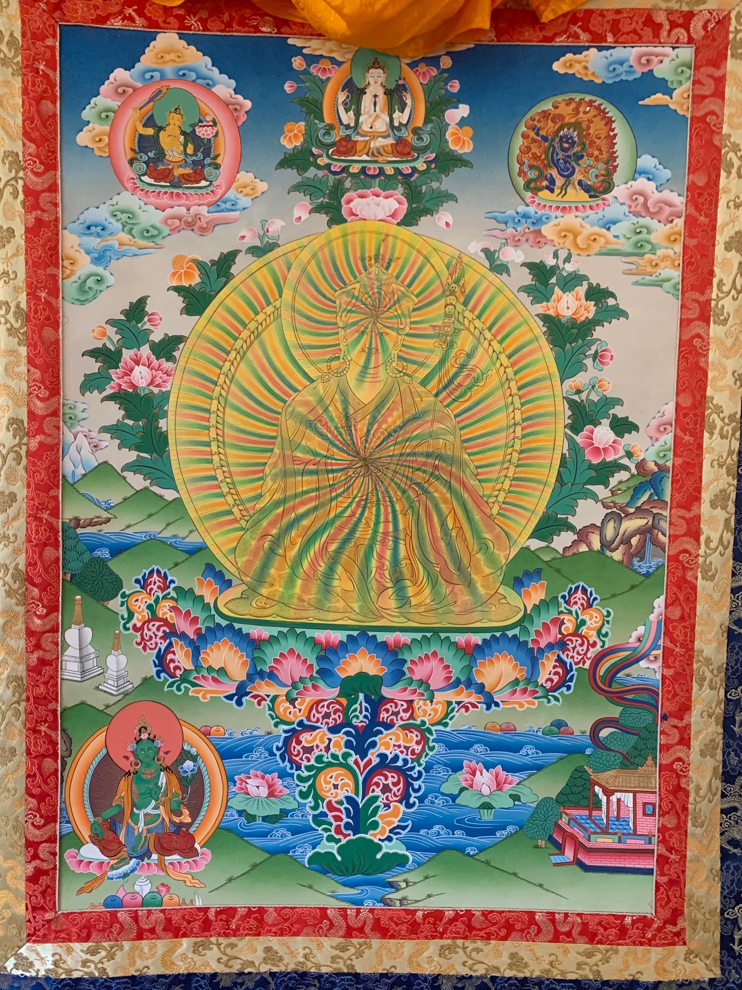 Rainbow Body Guru Rinpoche Dragon Brocade Thangka