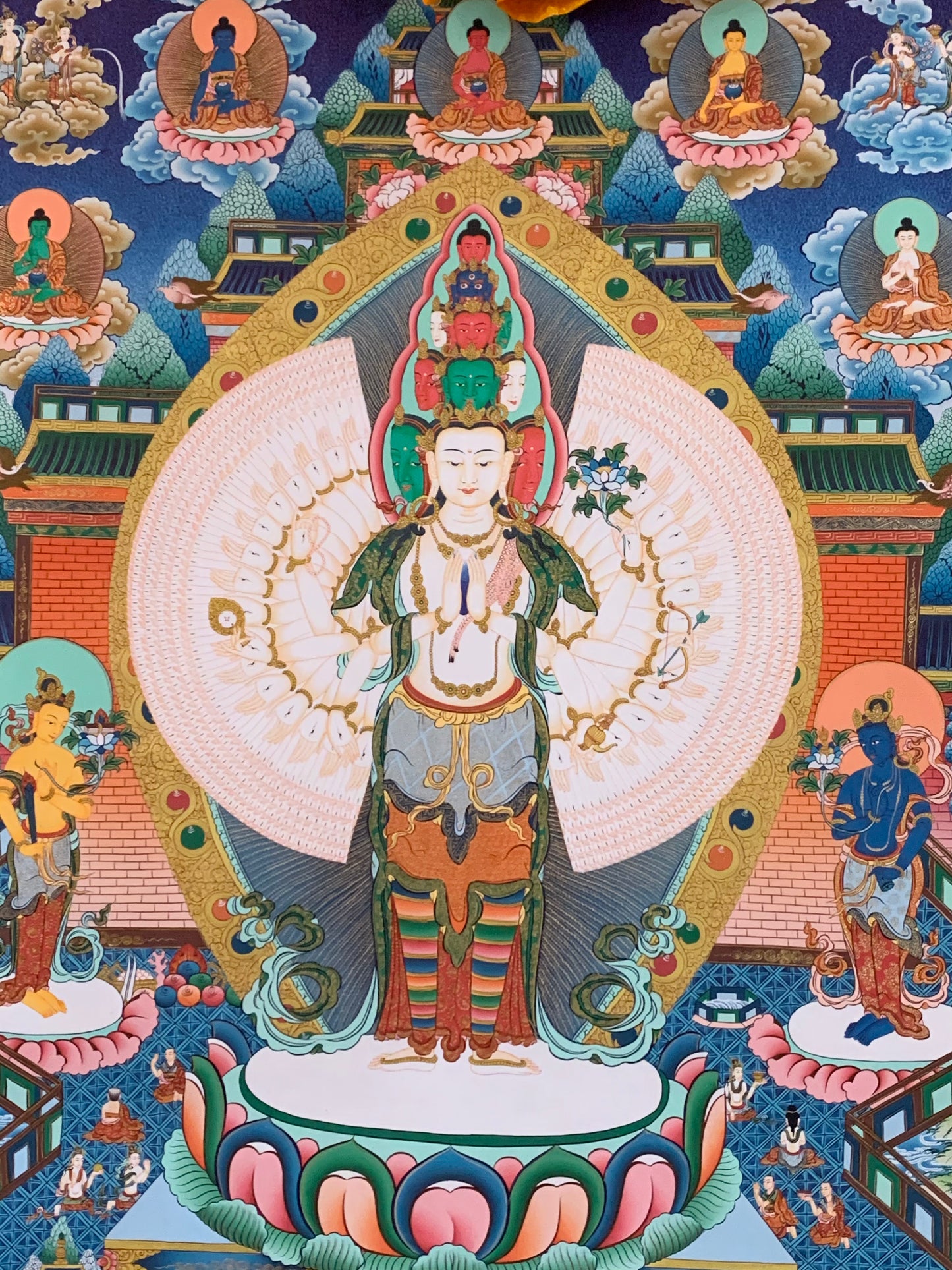Thousand Armed Avalokiteshvara Five Dhyani Buddha Blue Gold Brocade Thangka