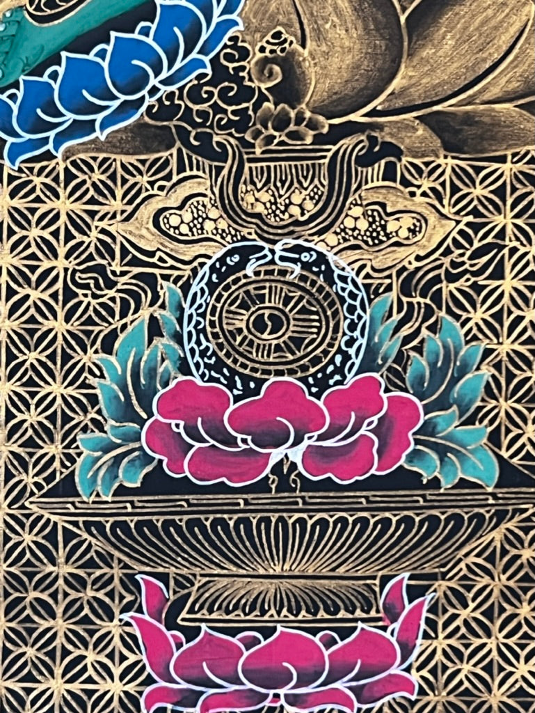 Green Tara Geometric Black Background Thangka