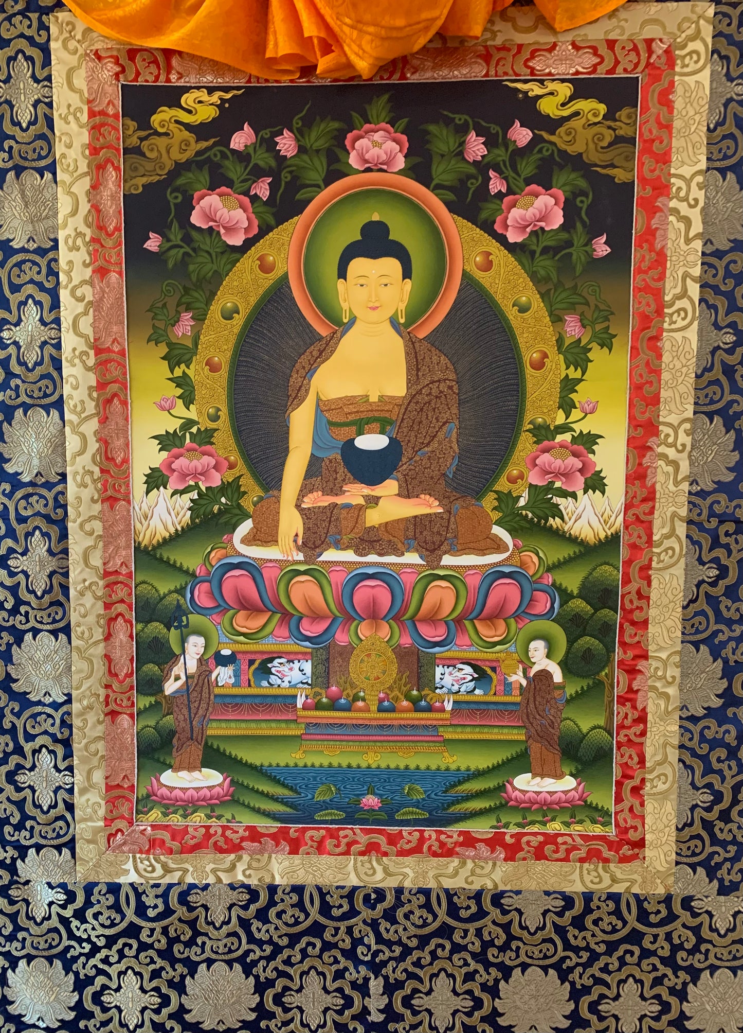 Shakyamuni With Attendants Blue Gold Floral Brocade Thangka