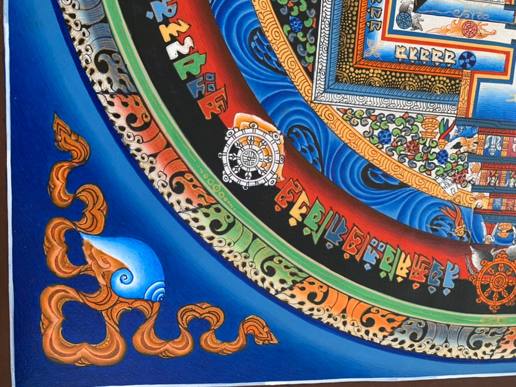Kalachakra Mandala Eight Auspicious Symbols Blue Unbrocaded Thangka